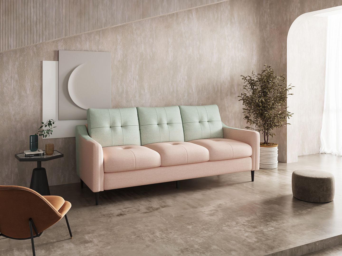 Koby Home's Collection Serenity Transitional Tufted Designs Futon Sofa, Upholstered in Poly-inspired Linen with Round Arms, Cushion Back, and Metal Legs, Living Room Couch Furniture, Gradient Color