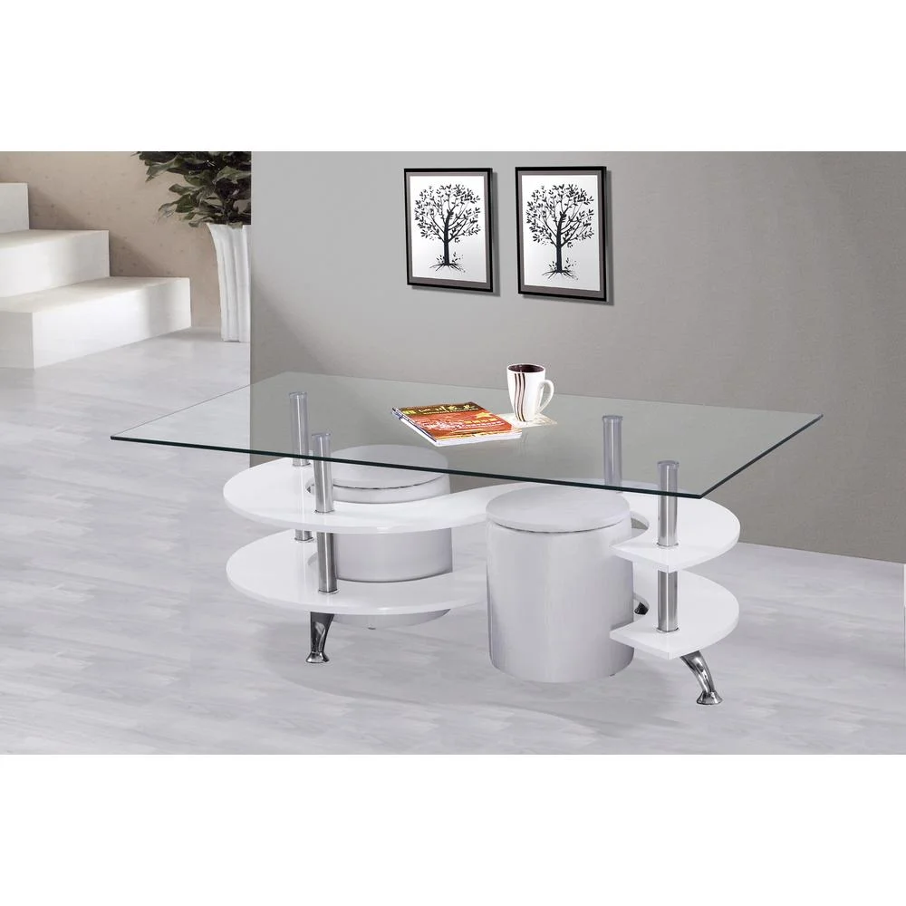 High Gloss Lacquer Coffee Table with Glass Top, Faux Leather Stools, and Stool Storage, White