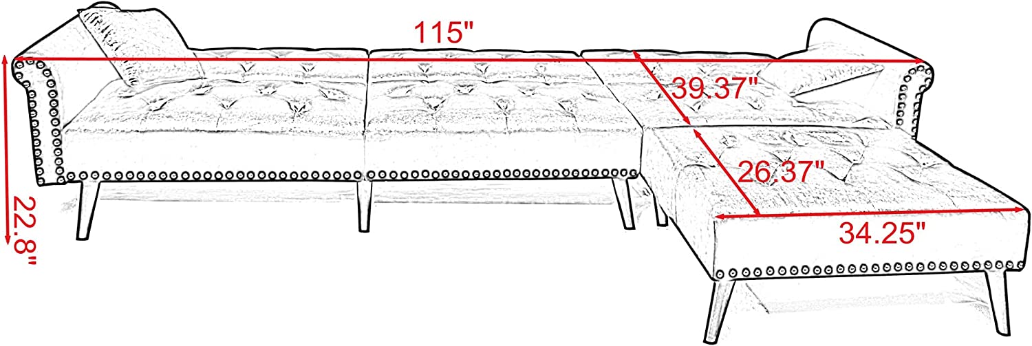 Convertible Sectional Sofa L Shape Couch Sleeper Bed Black Velvet with Wood Legs for Living Room Furniture