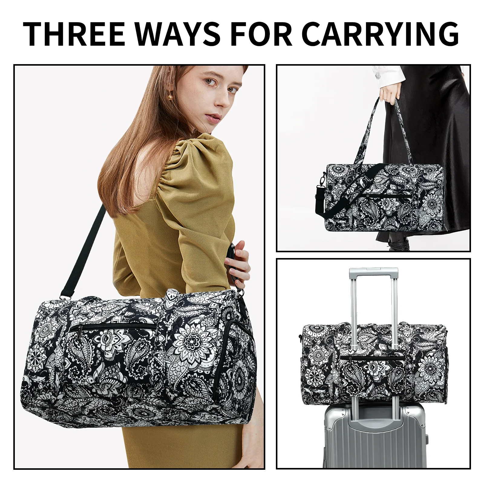 Searock Women Travel Duffle Bag Carry On Tote Weekender Overnight Bag with Shoes Compartment Black White 20 Inch