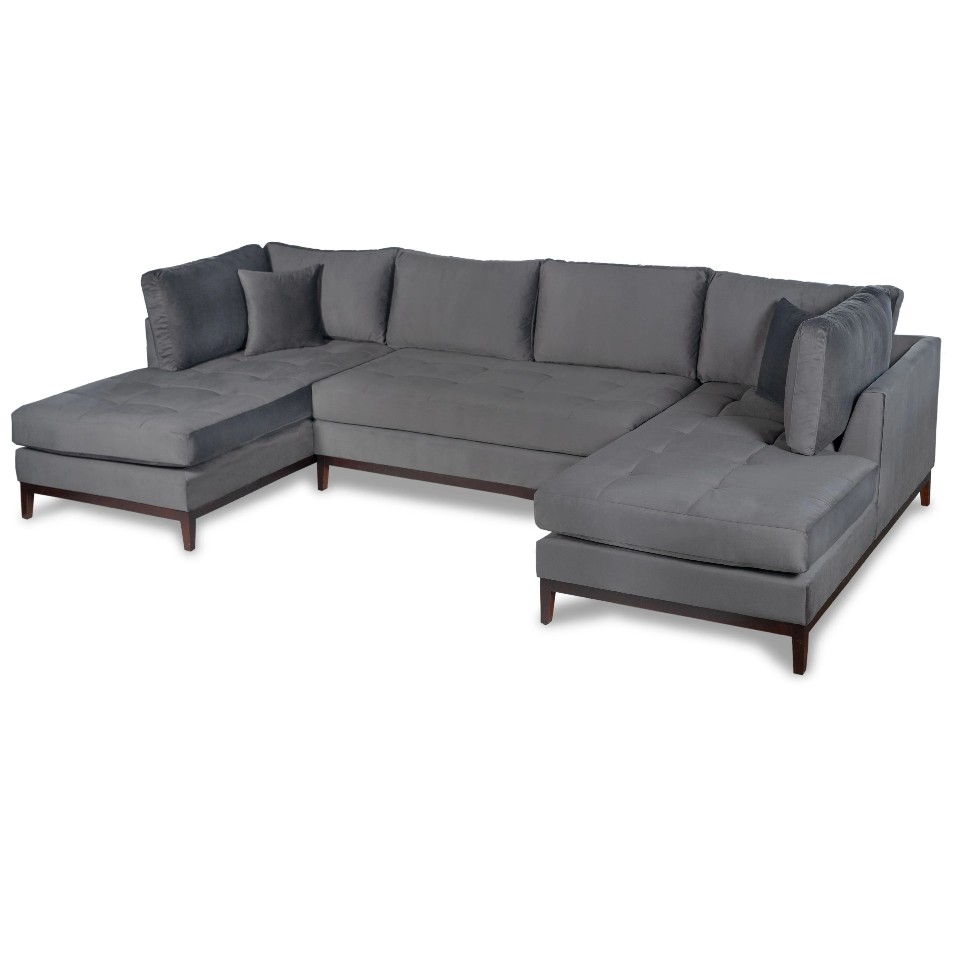 Noelle Mid Century Modern U Shape Velvet Sectional Gray - Double Chaise 135'' Wide Large Couch for Living Room Tufted Cushions Wood Trimmed Base Medium Firm