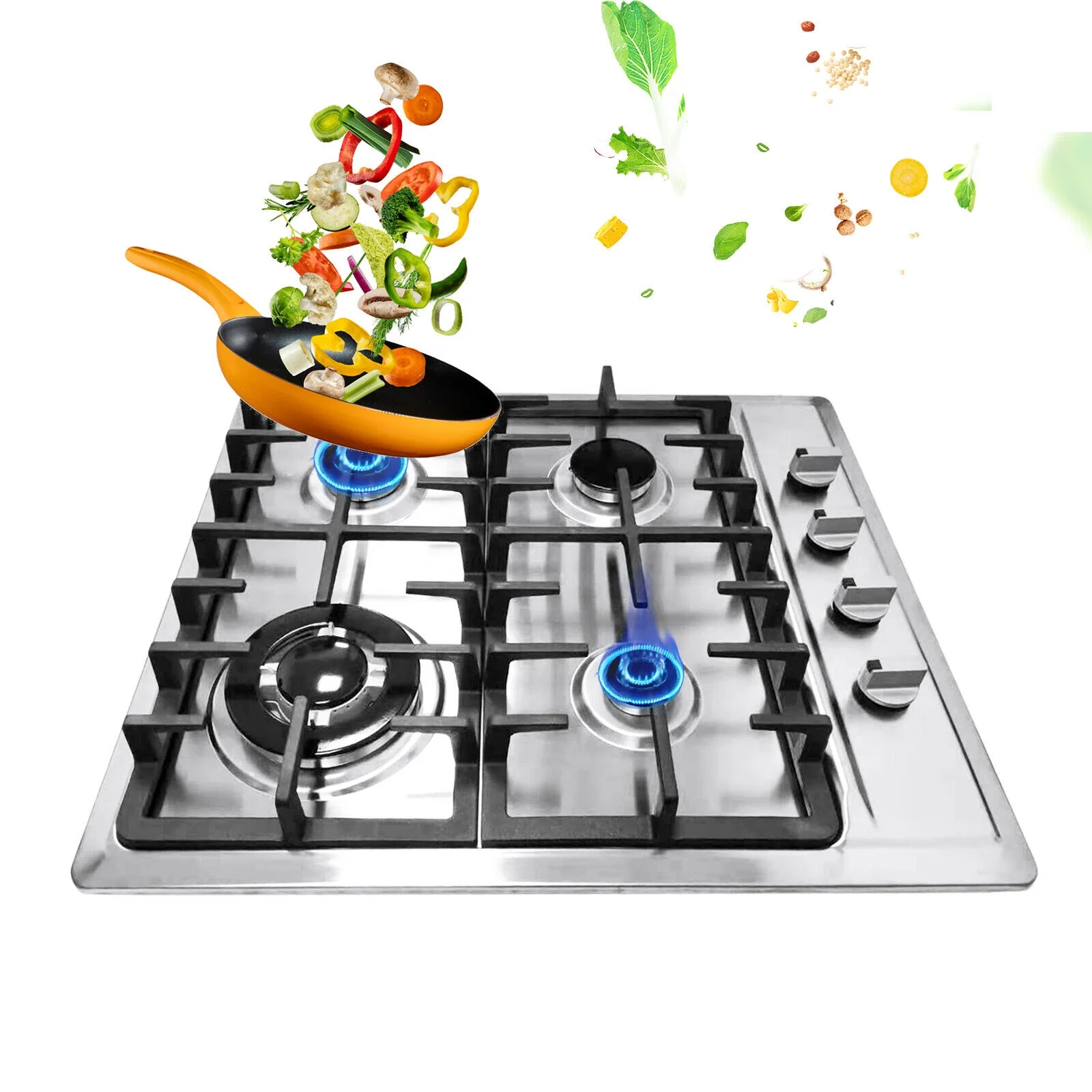 Fetcoi, Stainless Steel 4-Burner Gas Cooktop,Built-In Gas Cooktop  Iron Pot frame Cooktop Kitchen