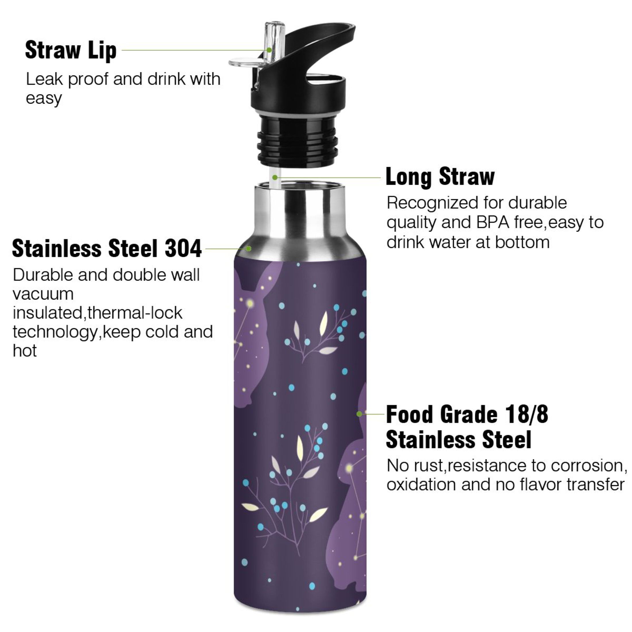 Stainless Steel Water Bottle Boho Rabbits Zodiac with Straw Lid Vacuum Insulated Leak Proof Flask Jug for Gym Travel Sports Cycling Outdoor 20 OZ