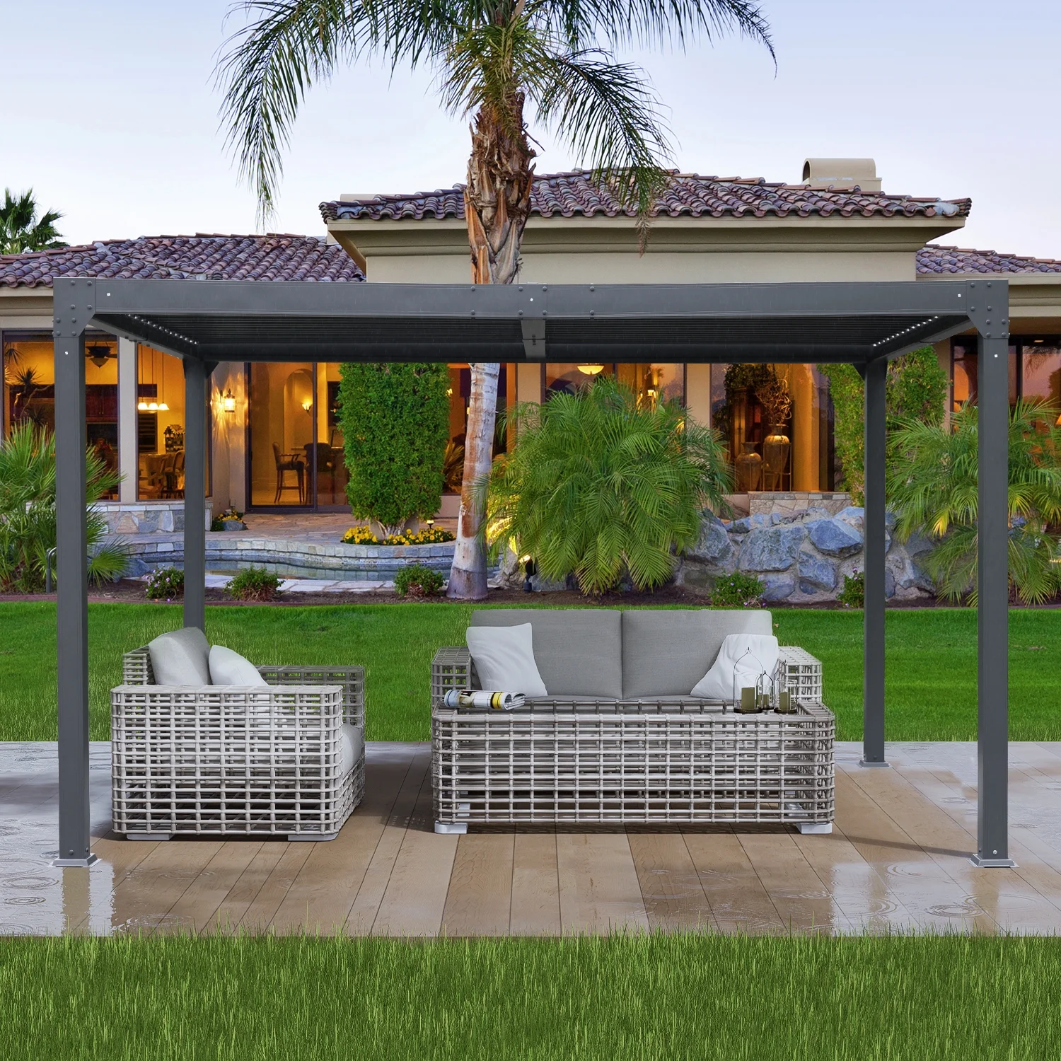 Aoodor 13 x 10 ft. Outdoor Aluminum Louvered Pergola Waterproof Gazebo Sun Shade Shelter with 2 Adjustable Rainproof Panels for Patio, Garden, Backyard Lawn & Garden - Dark Gray