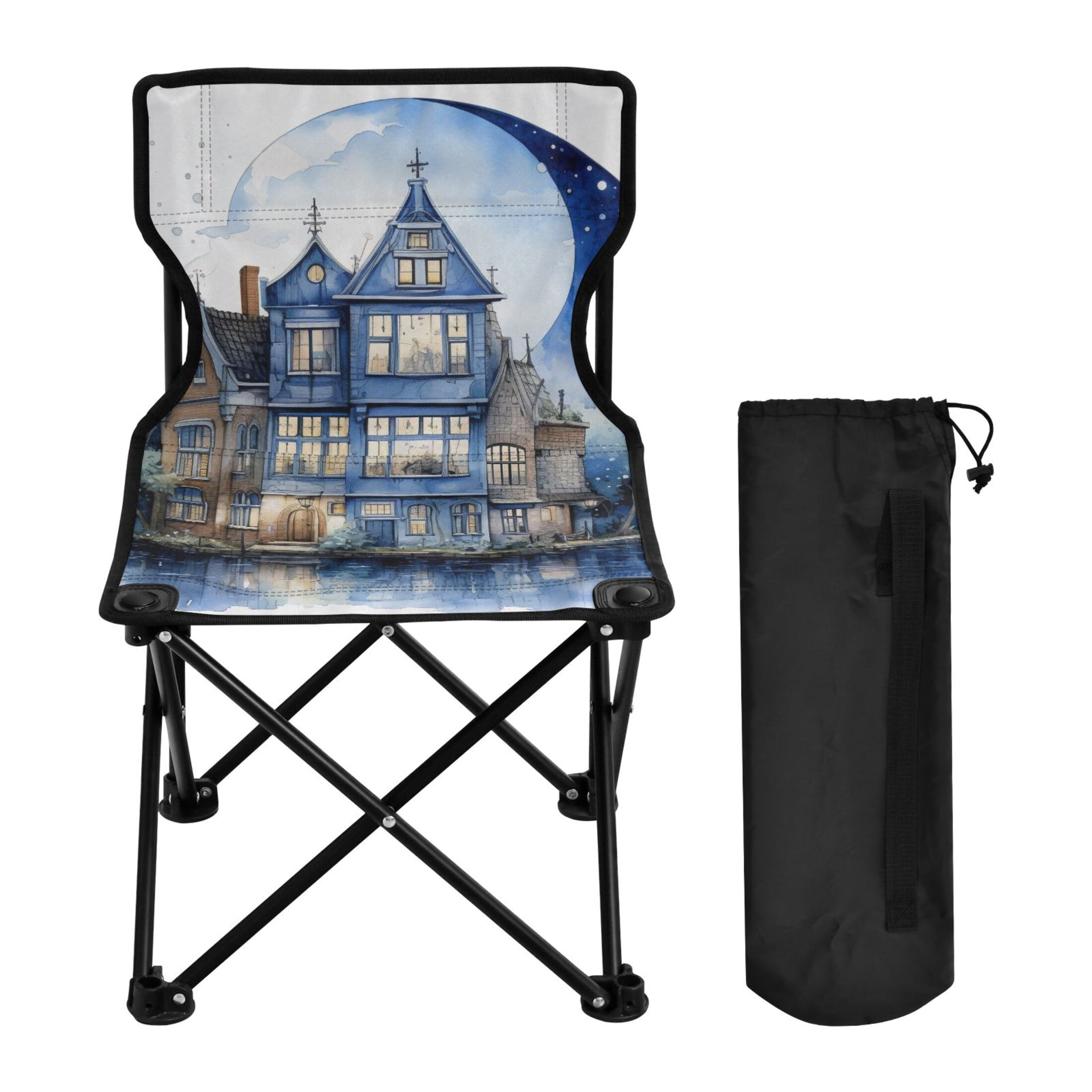House on Blue Portable Camping Chair Outdoor Folding Beach Chair Fishing Chair Lawn Chair with Carry Bag Support to 220LBS