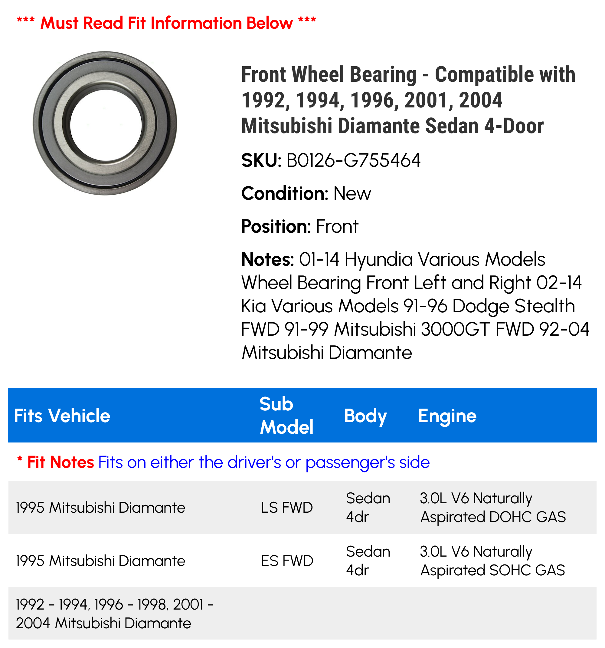 Front Wheel Bearing - Compatible with 1992, 1994, 1996, 2001, 2004 Mitsubishi Diamante Sedan 4-Door 1993 1995 1997 1998 2002 2003