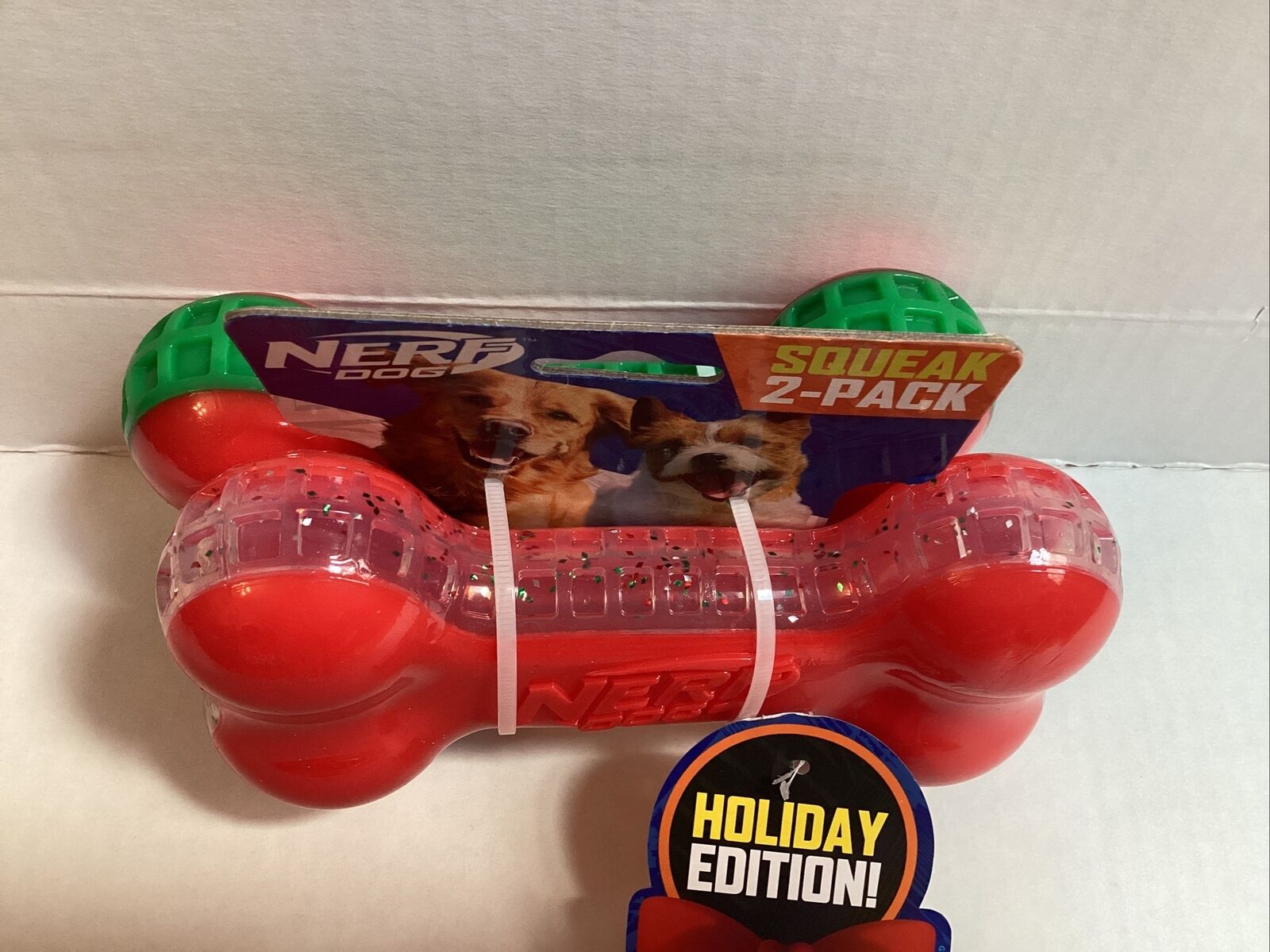 Nerf Dog ~ 2-Pack Squeak Dog Toy Red/Green ~ Christmas/Holiday Edition