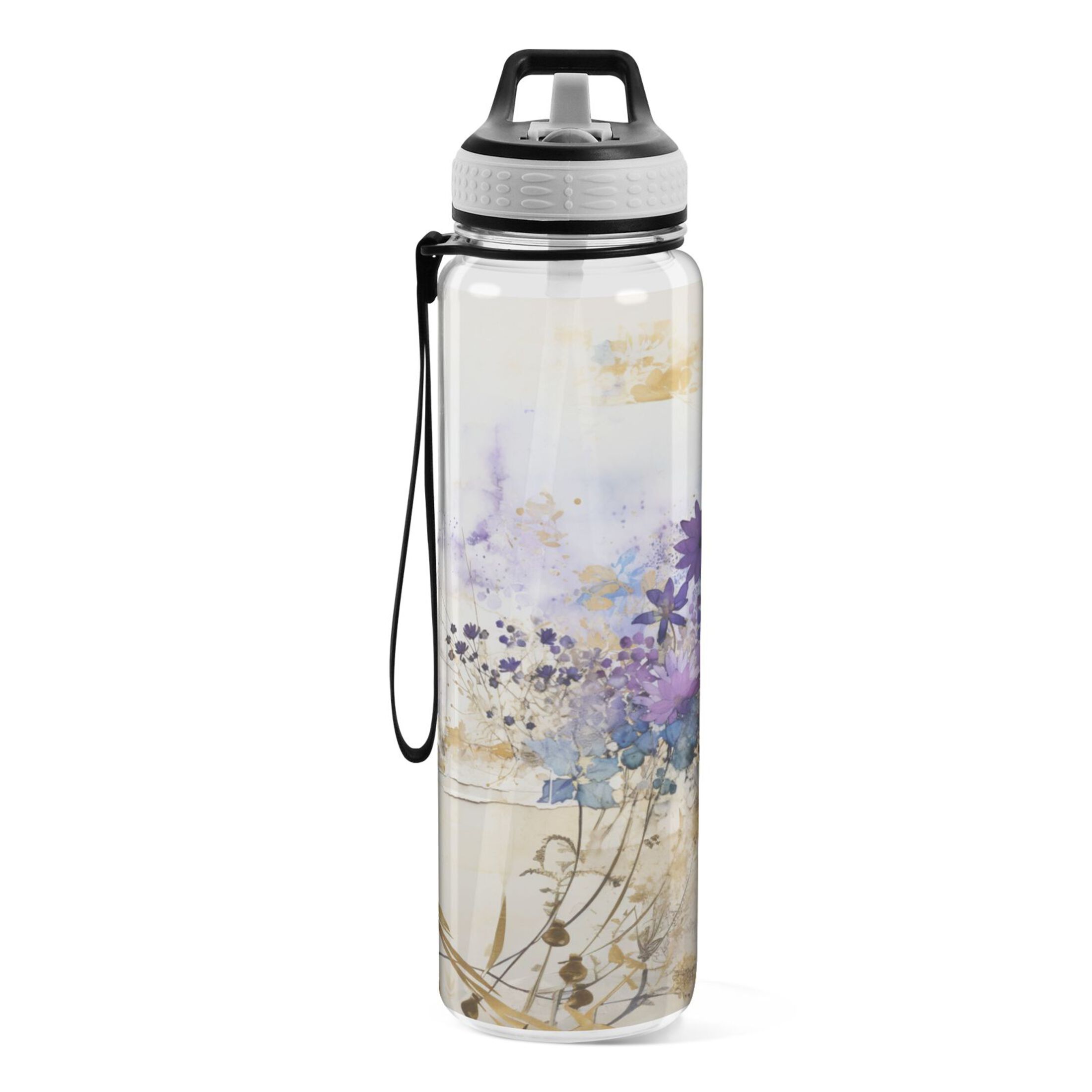 Floral Purple 32oz Water Bottles with Straw Tritan Leakproof Sports Bottle BPA Free Clear for Fitness Gym Swimming Cycling