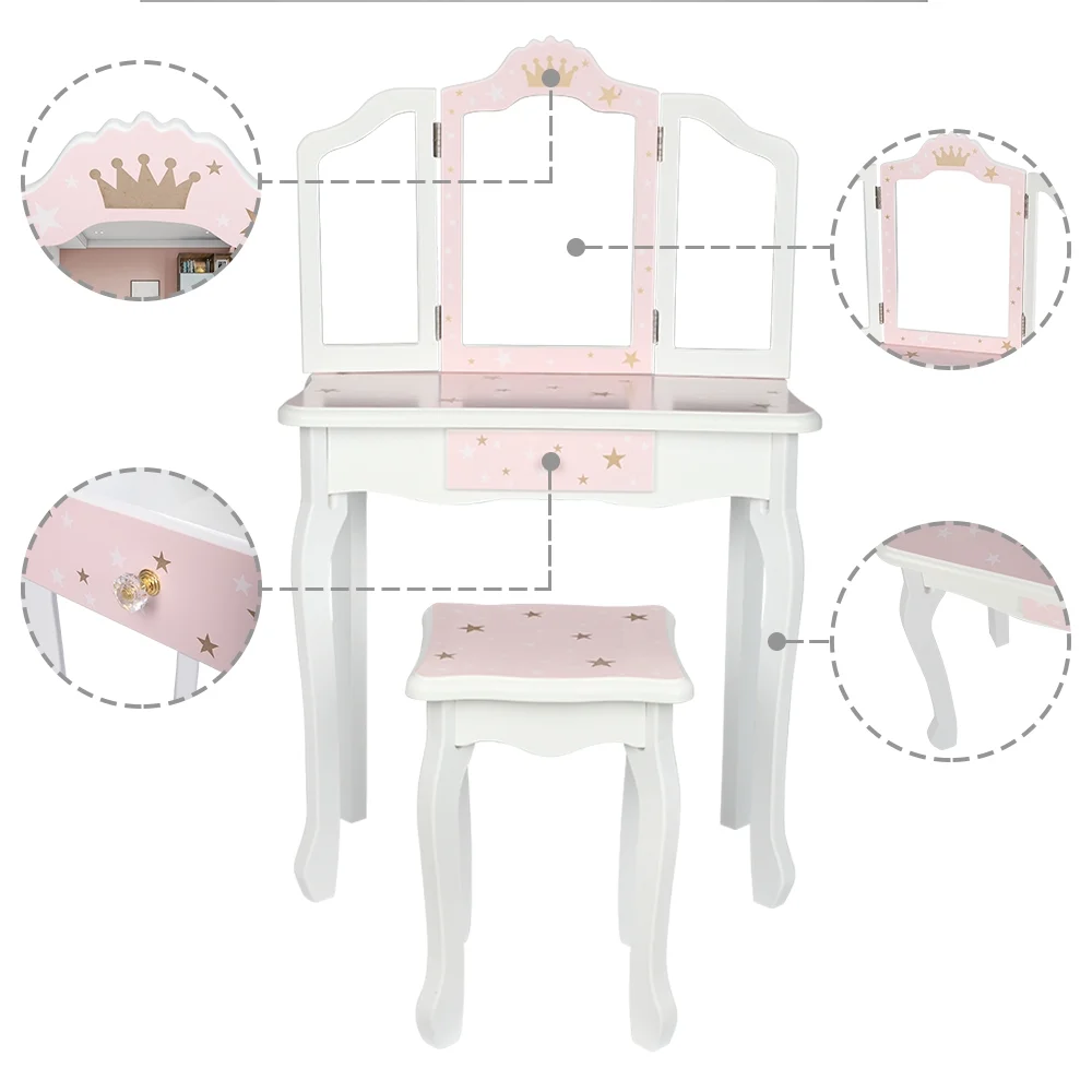 SEGMART Children's Cosmetic Table, Wooden Toy Vanity Set for Girls, Vanity Set with Wood Stool, Dressing Table with Single Drawer, Storage Bedroom Furniture for Girls, Wood Make-Up Table Set, S6229