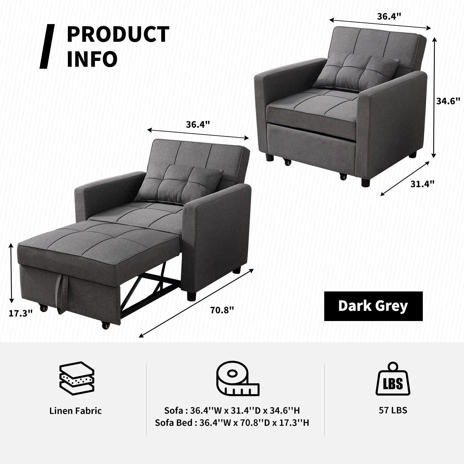 ZAFLY Single Sofa Bed with 3 Adjustable Inclinations | Convertible Futon Couch or Chair, Pull-Out Design | Small Sleeper Sofa for Living Room, Dorms and Offices - Dark Gray