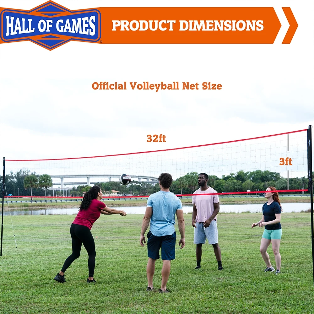Hall of Games 32-ft Outdoor Volleyball Net and Carrying Bag Set with Adjustable Steel Poles and Official Size Ball, Perfect for Parties