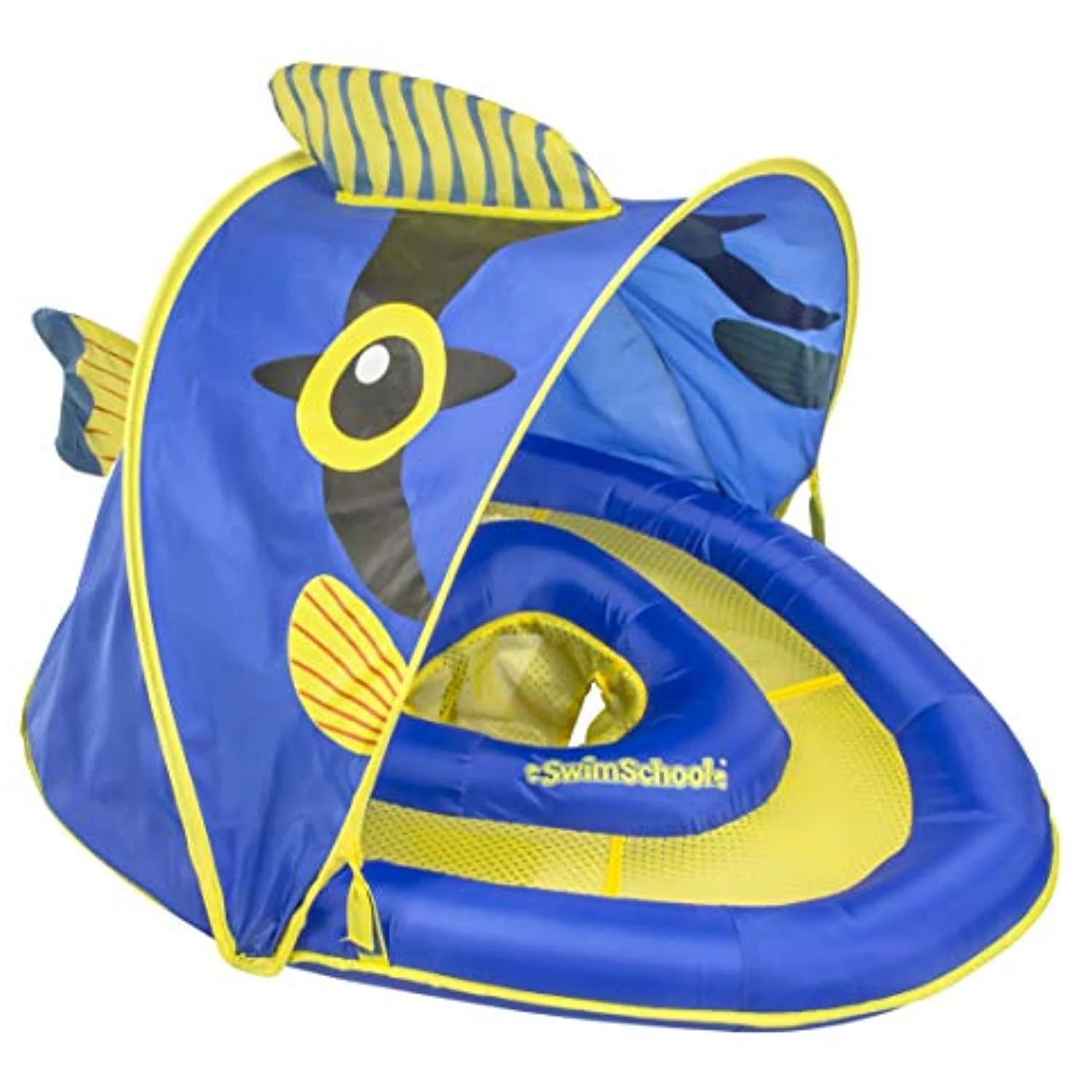 SwimSchool Angel-the-Fish Fabric Baby Pool Float, Splash & Play Activity Center,Dual Air Pillow Chambers w/Retractable Canopy & Adjustable Safety Seat, Baby Float, UPF 50, 6 To 24 Months, Blue/Yellow