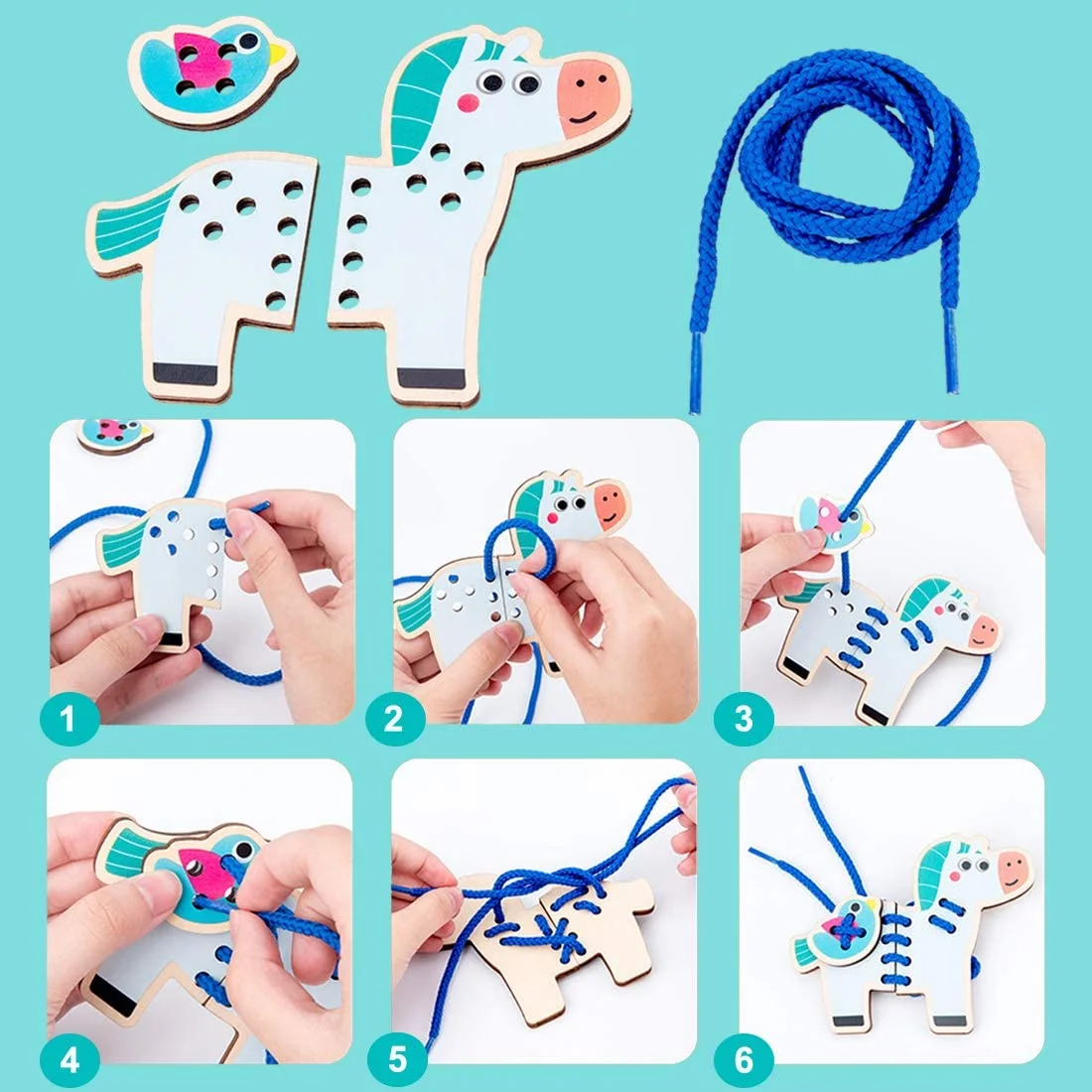 5 Pack Animals Lacing Cards Wooden Puzzle Threading Toys Montessori Sewing Cards for Toddler Early Learning Fine Motor Skills Preschool Toys