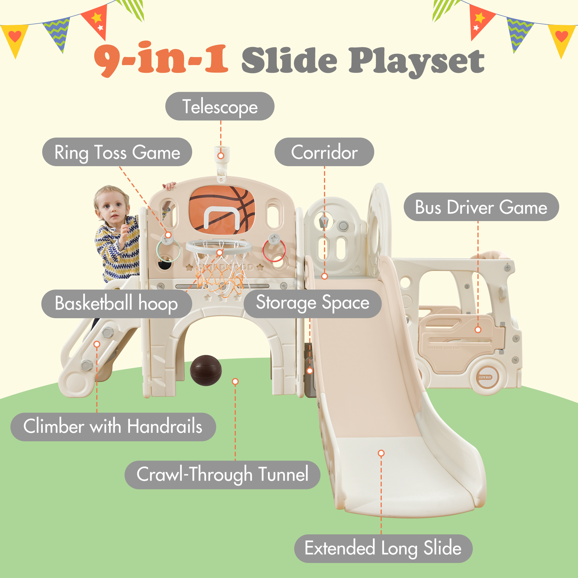9-in-1 Freestanding Castle Playhouse Slide for Kids - 85.4'' L x 74.4'' W x 43.7'' H - 49.6 - Unleash endless play fun for toddlers!