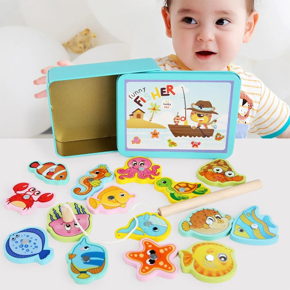 Mojoyce Wooden Magnetic Fish Toys Kids Educational Fishing Magnet Puzzle Game Gifts