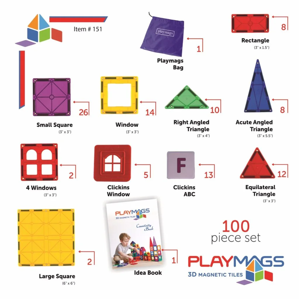 Playmags 100 Piece Set: Now With Stronger Magnets, Sturdy,Super Durable With Vivid Clear Color Tiles. 18 Piece Clickins Accessories To Enhance Your Creativity