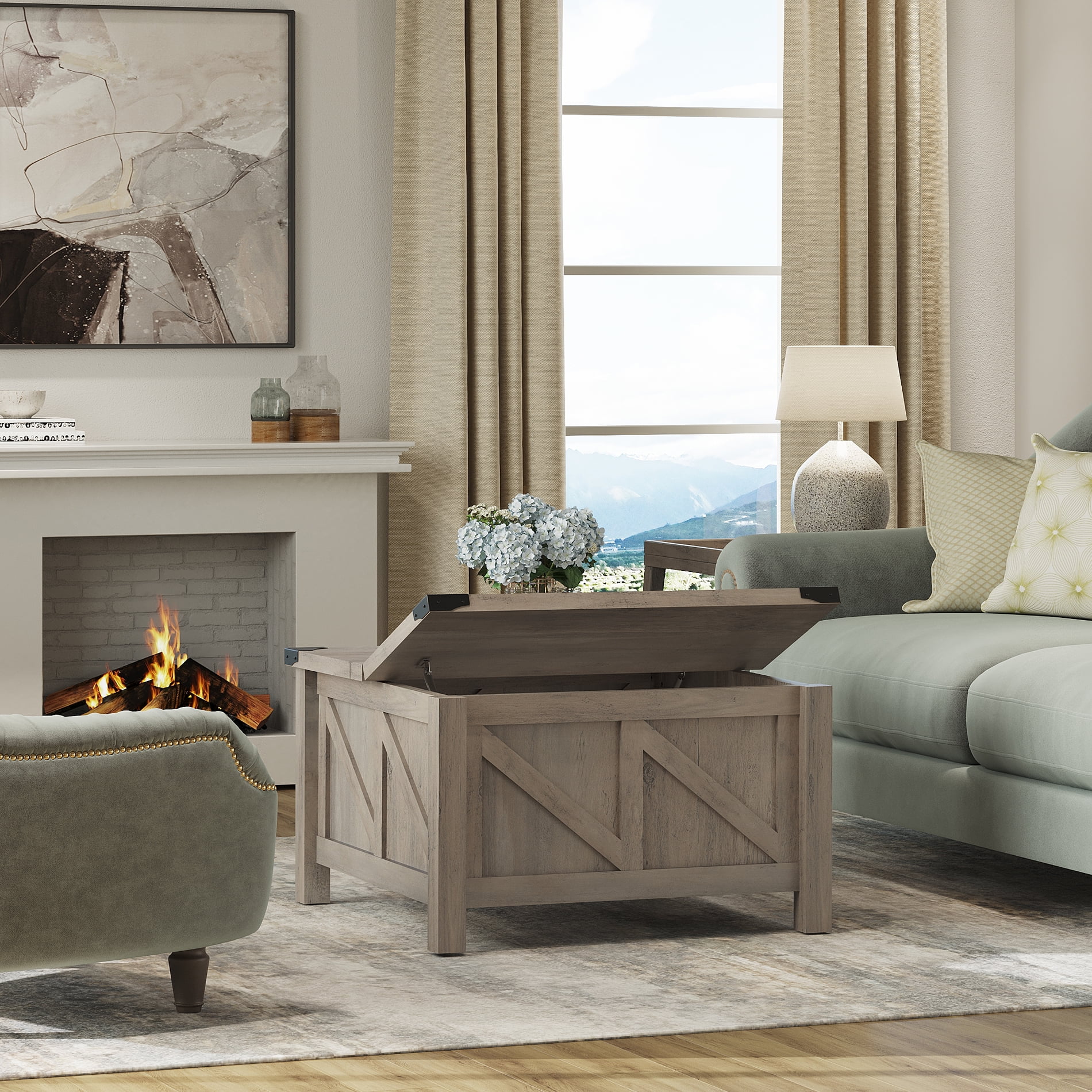 WAMPAT Farmhouse Coffee Table, Square Wood Center Table with Gas Struts Lift-Top for Extra Large Hidden Storage, Metal Bracket Corner, Z-Shaped,Grey