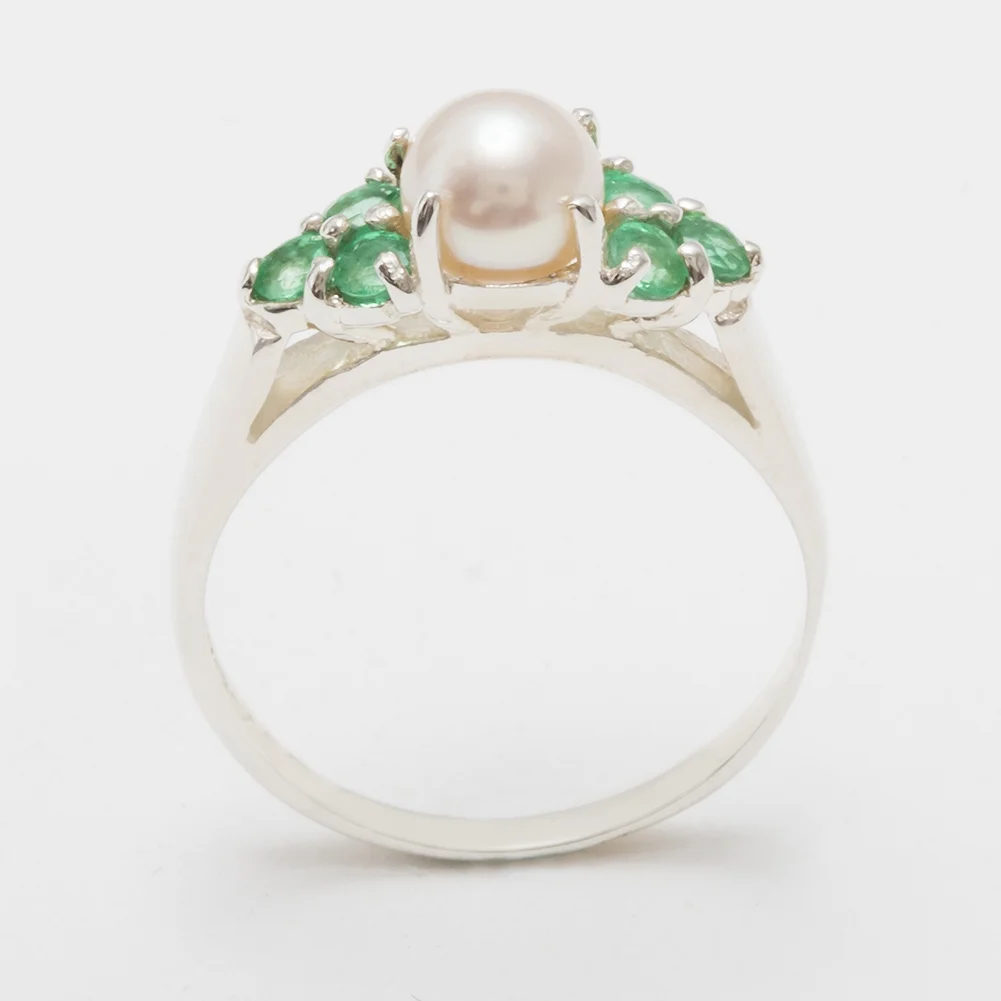 LBG British Made 9k White Gold Cultured Pearl & Emerald Womens Cluster Ring - 33 size options - Size 10