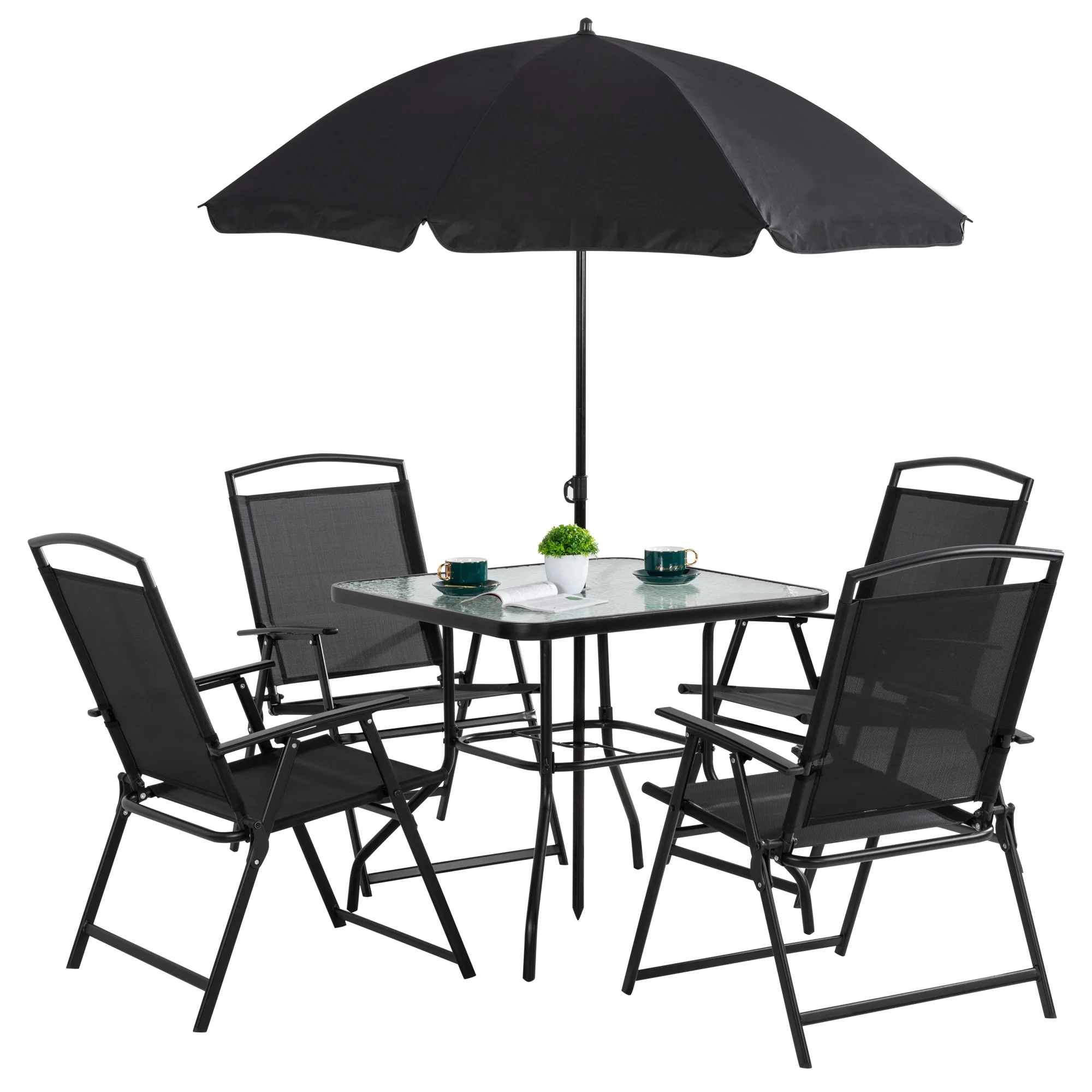 Walsunny 6 Piece Patio Dining Set with Umbrella, Outdoor Garden Set with 4 Folding Chairs and Tempered Glass Top Dining Table Black