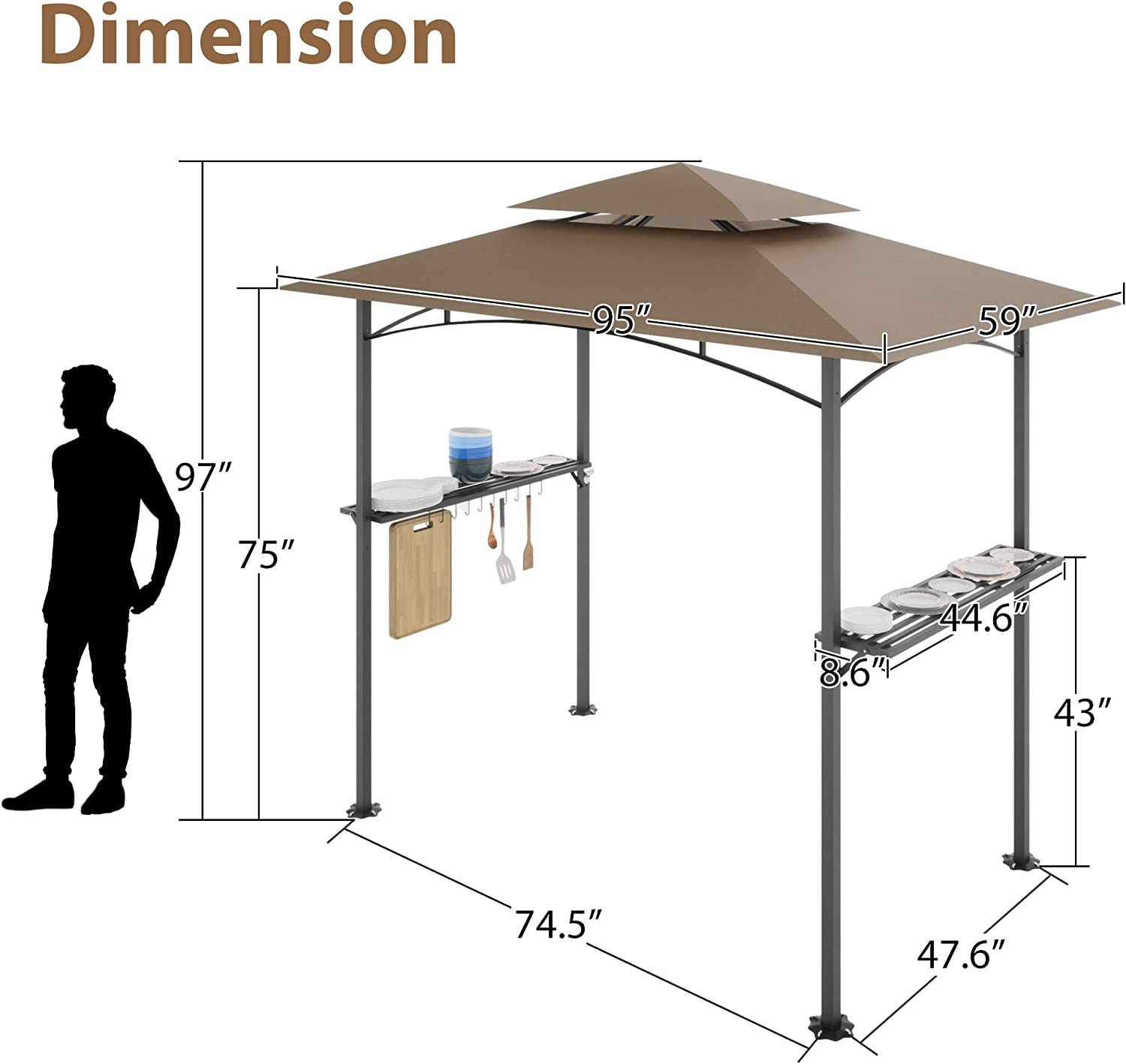 AngLink 8 x 5 FT Grill Canopy - Outdoor Grill Gazebo Tent with Air Vent, Double Tiered BBQ Gazebos, Barbecue Pergola Canopy, Grill Awning for Patio Beach Backyard Camping丨Khaki