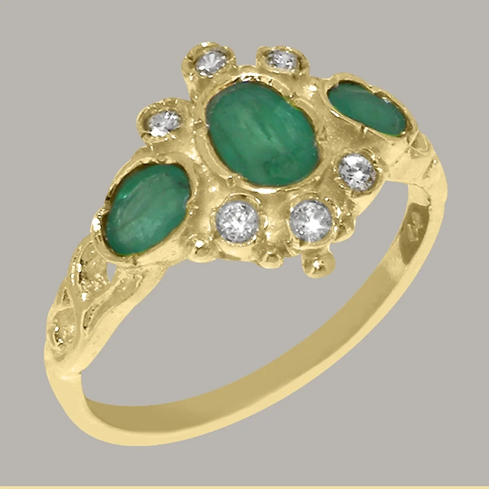 LBG English Made 9k Yellow Gold Natural Emerald & Diamond Womens Anniversary Ring - Size 10