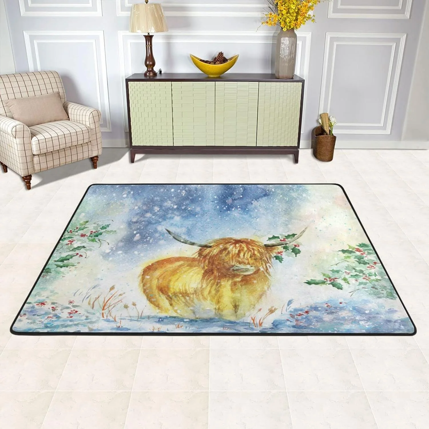 SKYSONIC Watercolor Highland Cow Winter Non-Slip Area Rug, Tree Animal Floor Carpet Comfort Floor Mats Decor for Indoor Front Porch,Living Room, Bedroom,Kitchen ,36