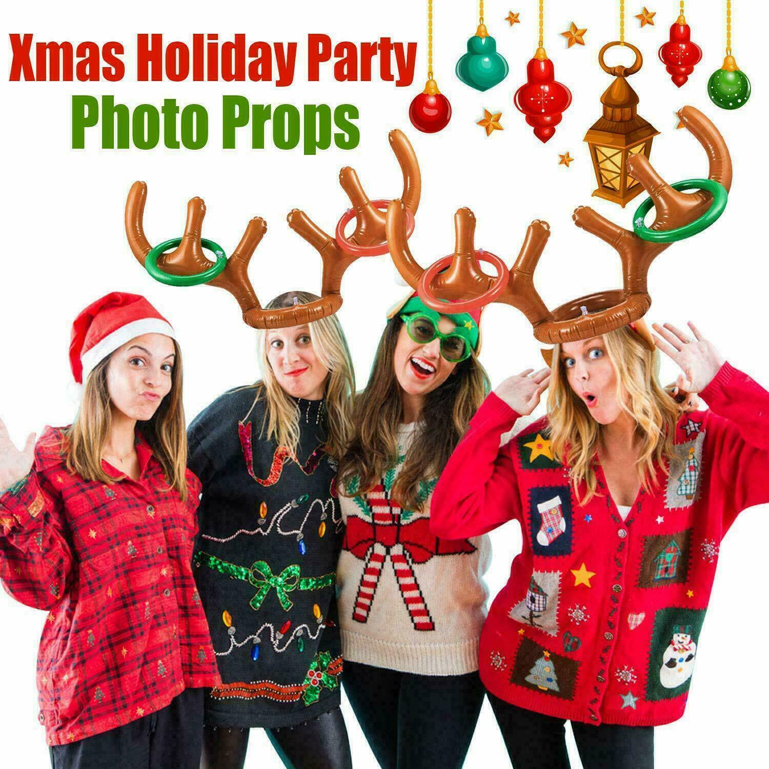 Inflatable Reindeer Antler Hat & Toss Ring Kids Adults Christmas Party Game Toys