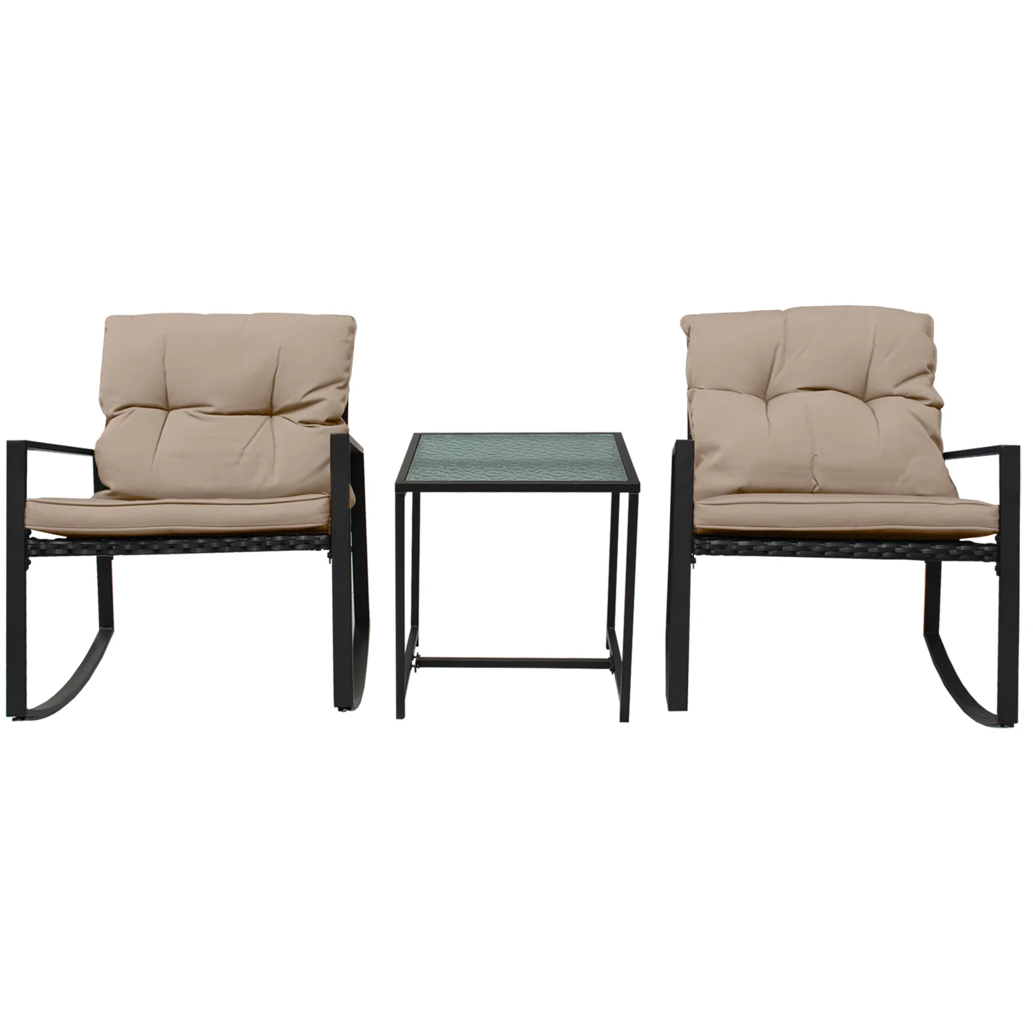 Patio 3-Piece Rocking&nbsp;Rocking Chair Set: Black Wicker Furniture-Two Chairs with Glass&nbsp;occasional&nbsp;Table