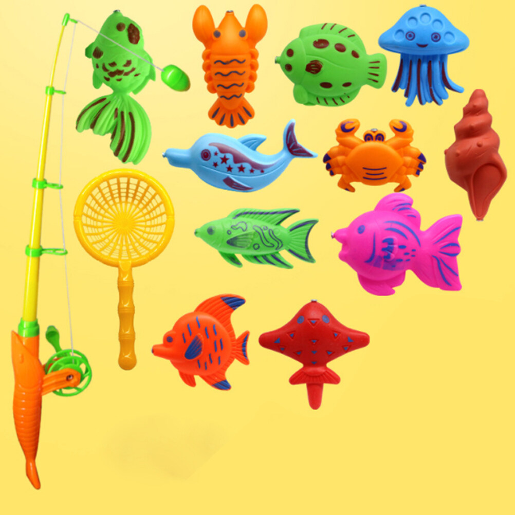 15 Pcs in 1 Set Magnetic Fish Toys Interesting Fishing Game Set Kids Eduational Supplies with Handy Net Cartoon and Fishing Rod for Baby Children (Random Fish Style)