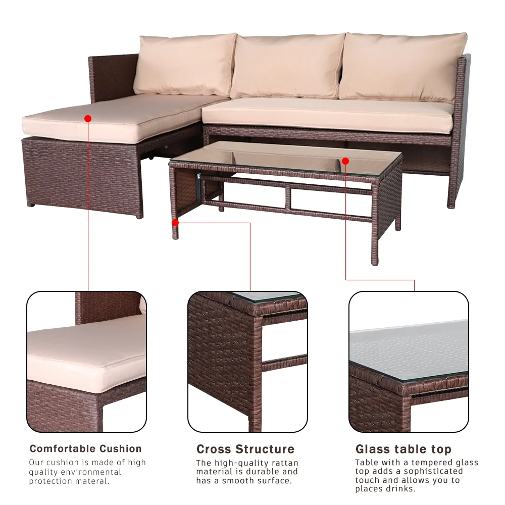 SalonMore Rattan Sofa 3 Pieces Wood PE Wicker Rattan Ottoman With Coffee Table Patio Sofa Set