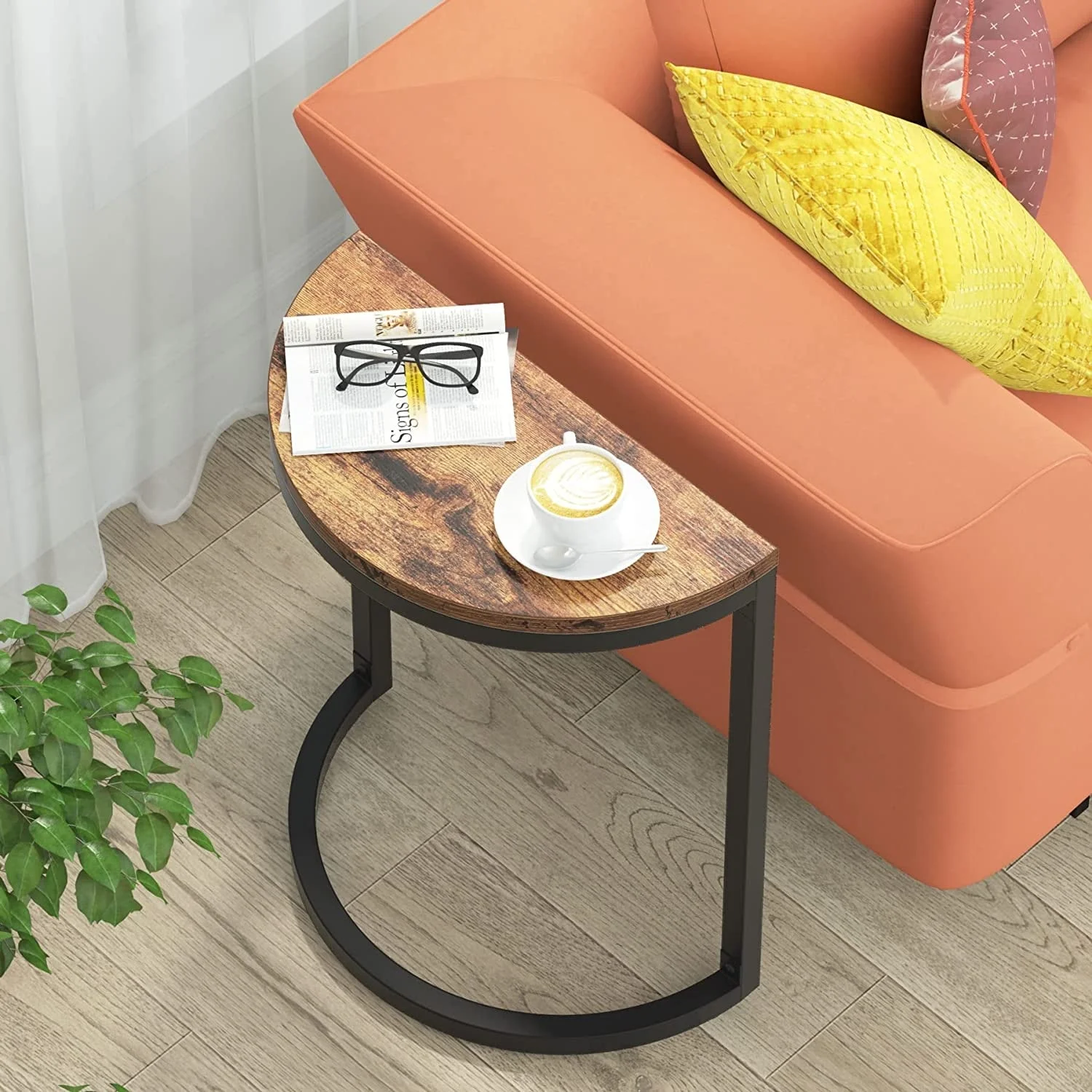 End Table Half Round, Narrow Side Table, Slim C Table for Sofa Couch Brown 2PCS