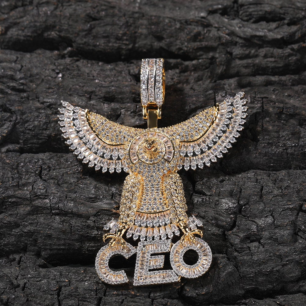 14K Gold Over Finish Simulated Diamond Iced out Bling Custom Flying Wings Eagle CEO Charm Pendant Necklace, Gift for him, Free Rope Chain