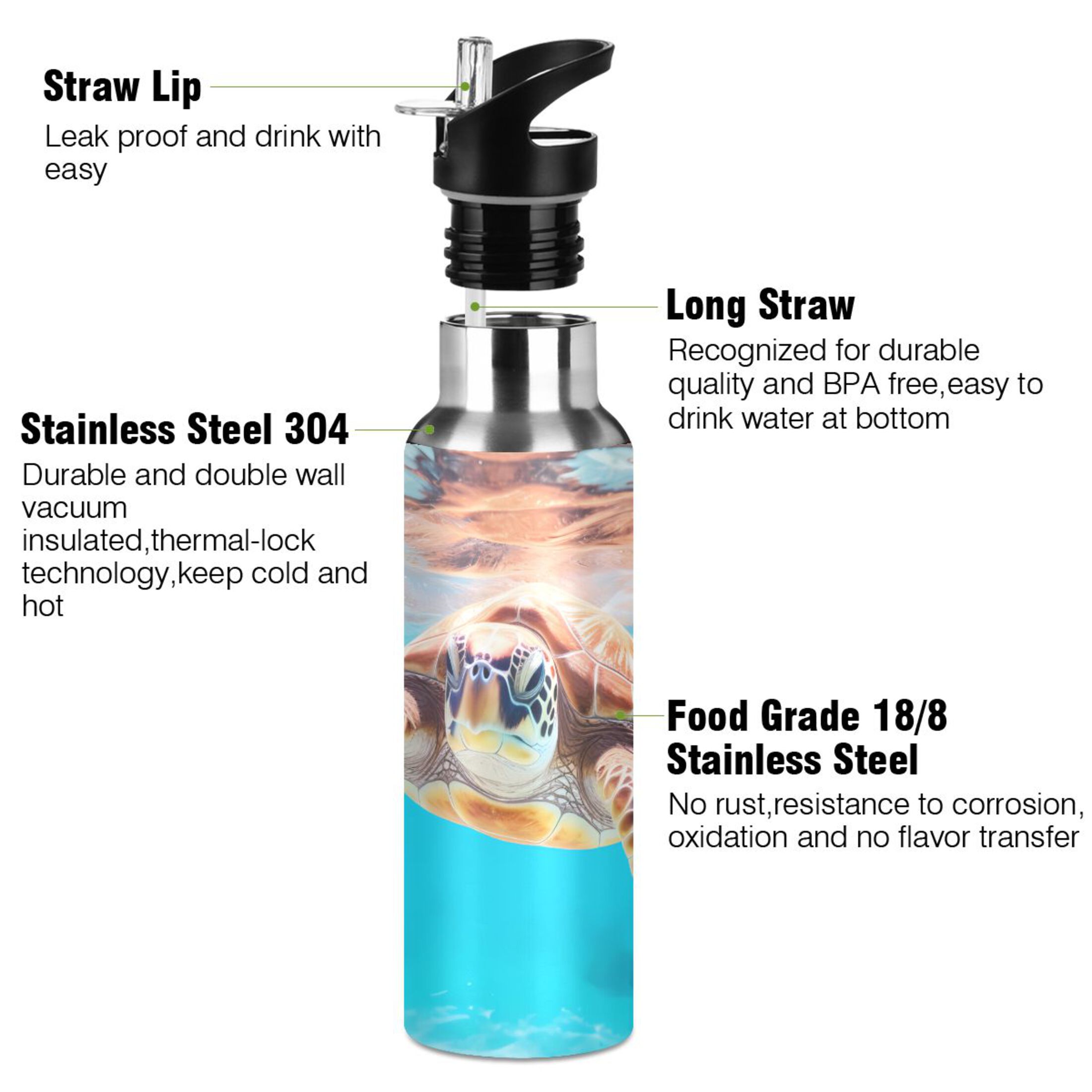 Sea Turtle Swimming in Sea Water Bottles Insulated Thermos Kids Stainless Steel Bottle with Straw Lid Flask Leakproof for Sports Gym 20 oz