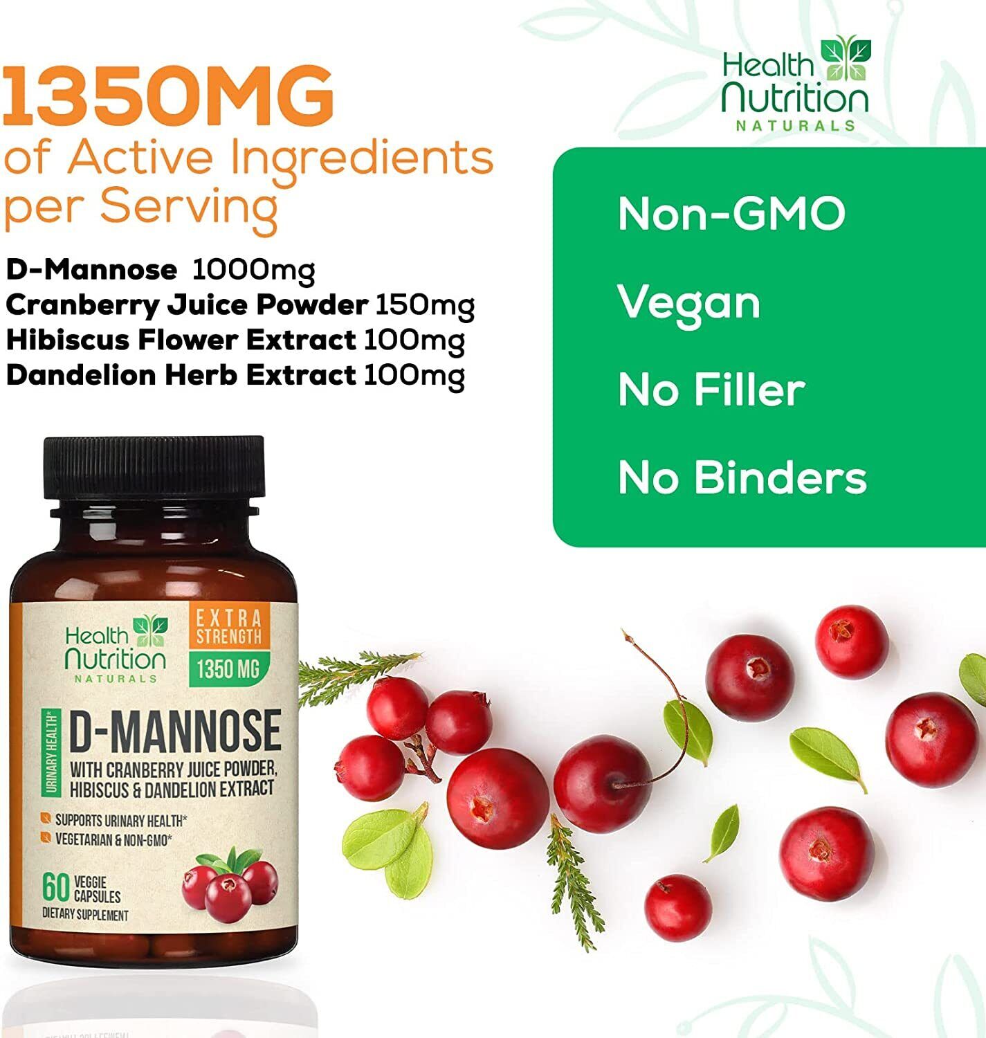 D-Mannose Capsules 1350mg with Cranberry UTI Support & Cleanse, Bladder Health 60 Capsules