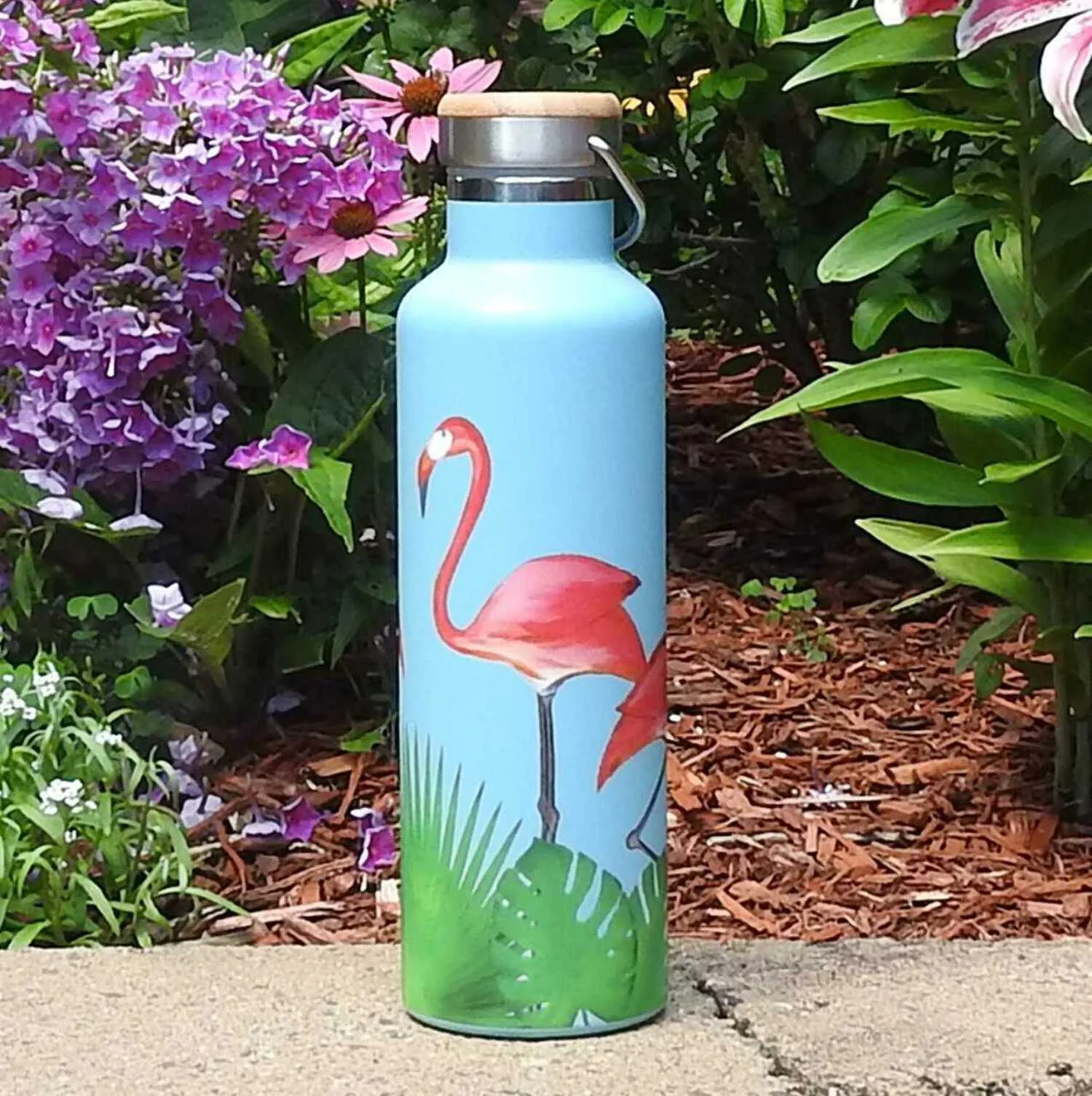 Beachcomber Blue Water Flamingos Stainless Steel Water Bottle
