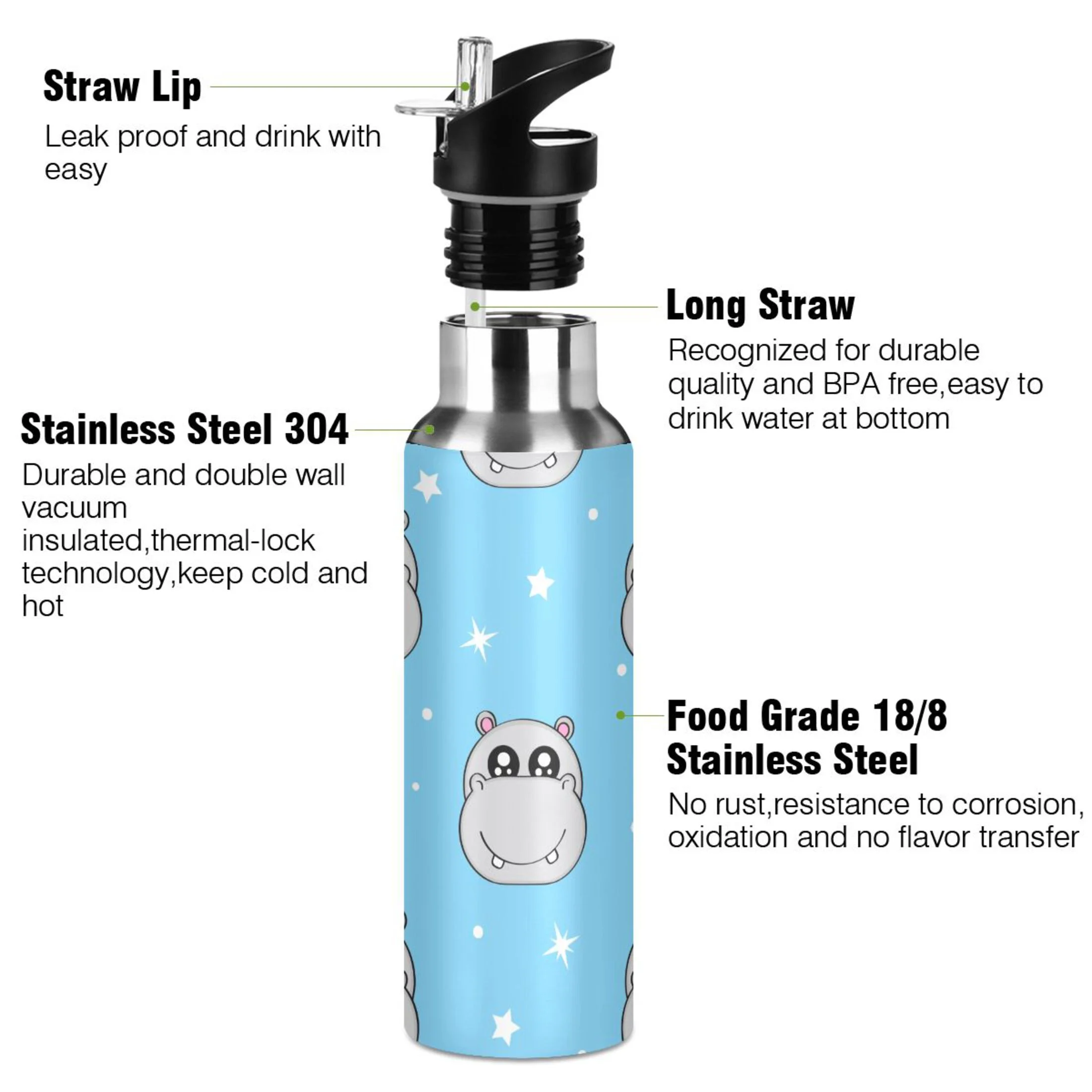 Water Bottle with Straw Lid Leak Cute Hippo and Star Stainless Steel Insulated Thermos Vacuum Flask for Cold Hot Drinking for Sports Camping Gym Yoga