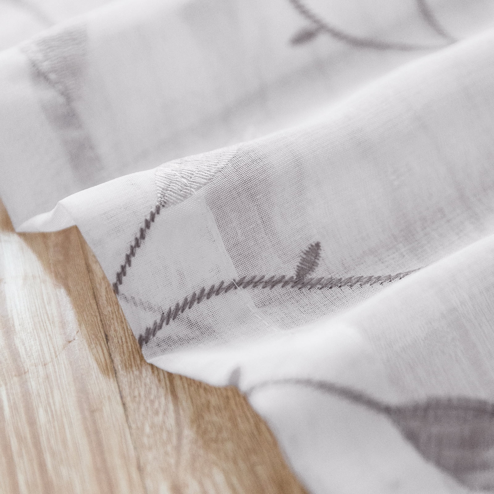Curtainking Sheer Curtains 63 inches Embroidered Leaf Window Curtains for Living Room Grommet Top 2 Panels Voile Drapes for Bedroom Grey on White