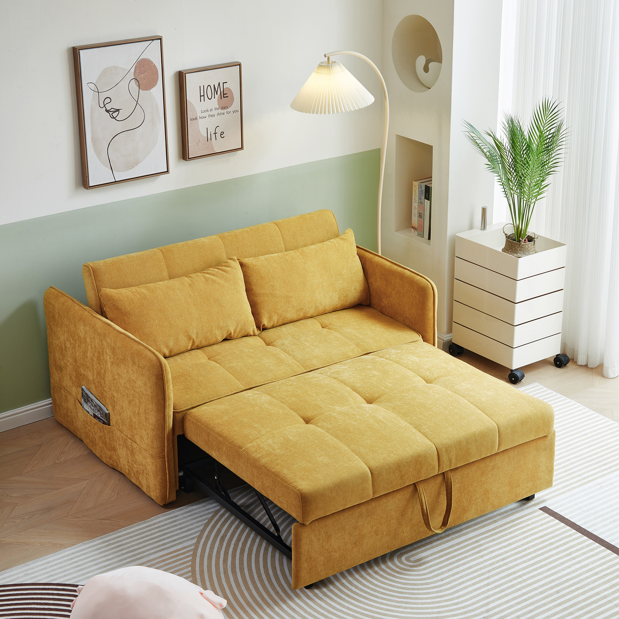 Chic Yellow Chenille Sofa Bed with Adjustable Armrests - Chic Comfort & Style