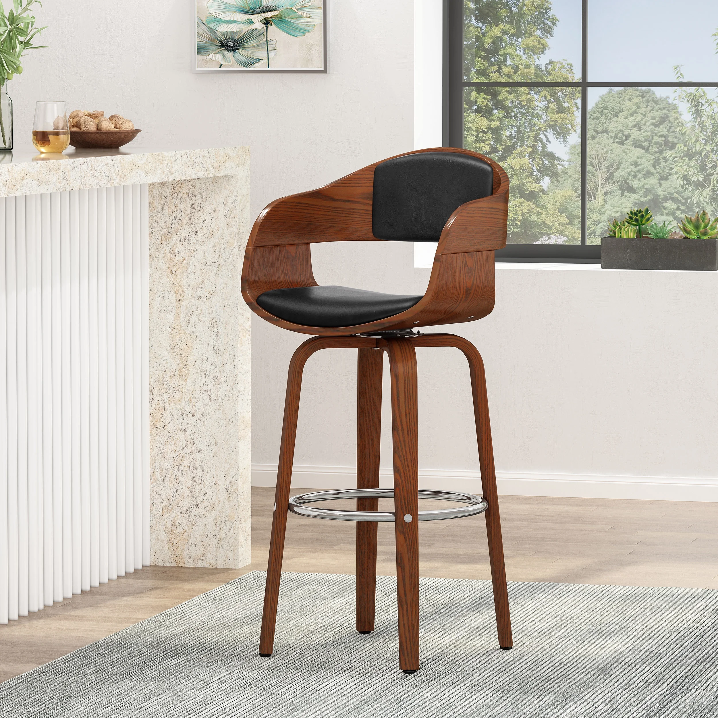 Noble House Lovejoy Upholstered Swivel Barstool, Midnight Black and Walnut