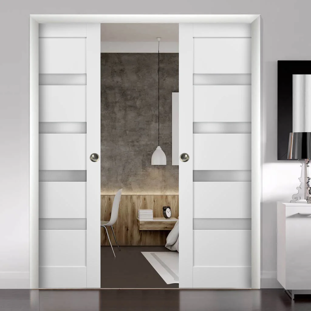 French Double Pocket Doors 64 x 96 with Frames | Quadro 4113 White Silk with Frosted Opaque Glass | Kit Trims Rail Hardware | Solid Wood Interior Pantry Kitchen Bedroom Sliding Closet Sturdy Door
