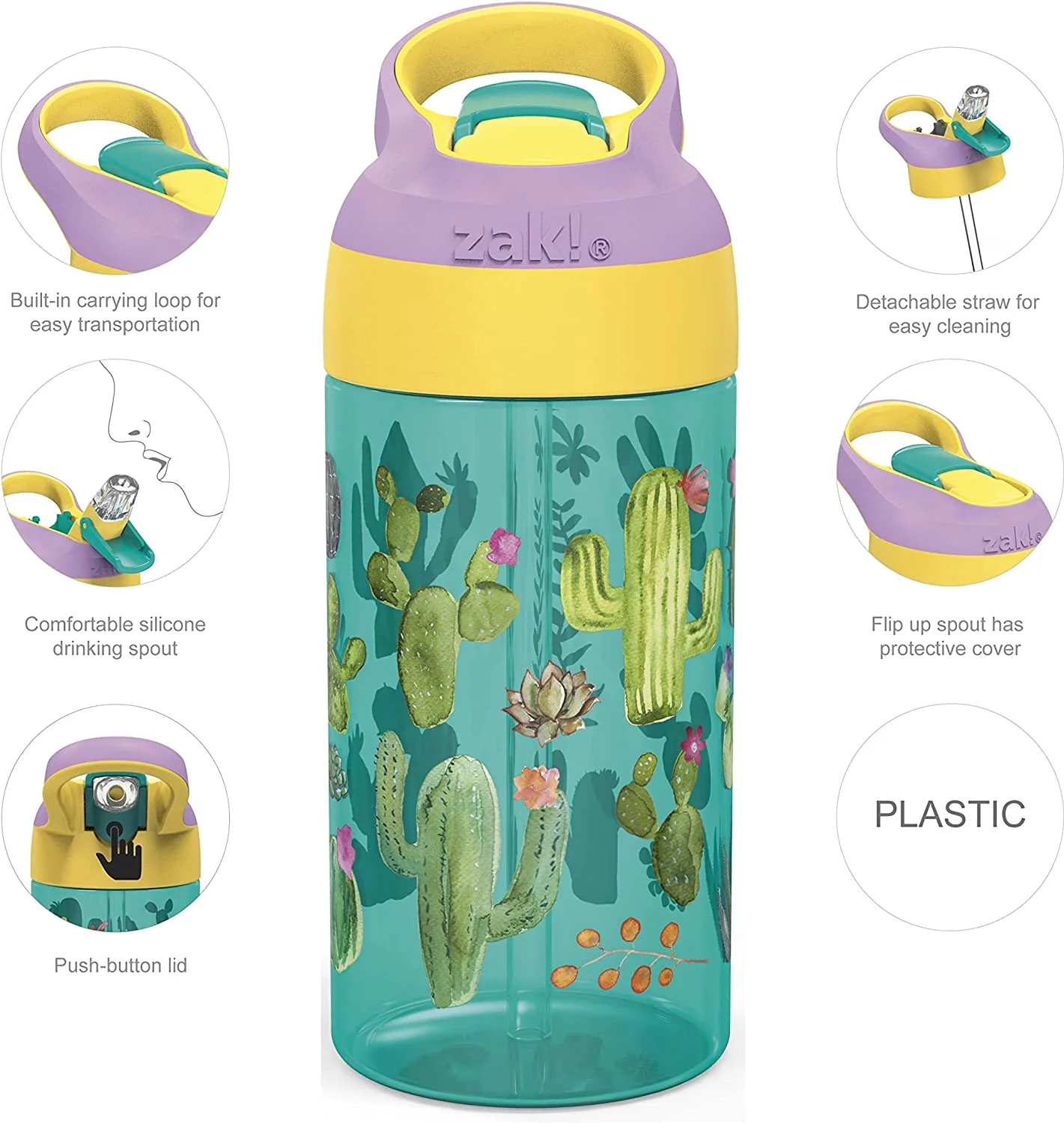 Zak Designs 16oz Riverside Desert Life Kids Water Bottle with Straw and Built in Carrying Loop Made of Durable Plastic, Leak-Proof Design for Travel, Cactus-Flamingo Pineapple, 2PK Set