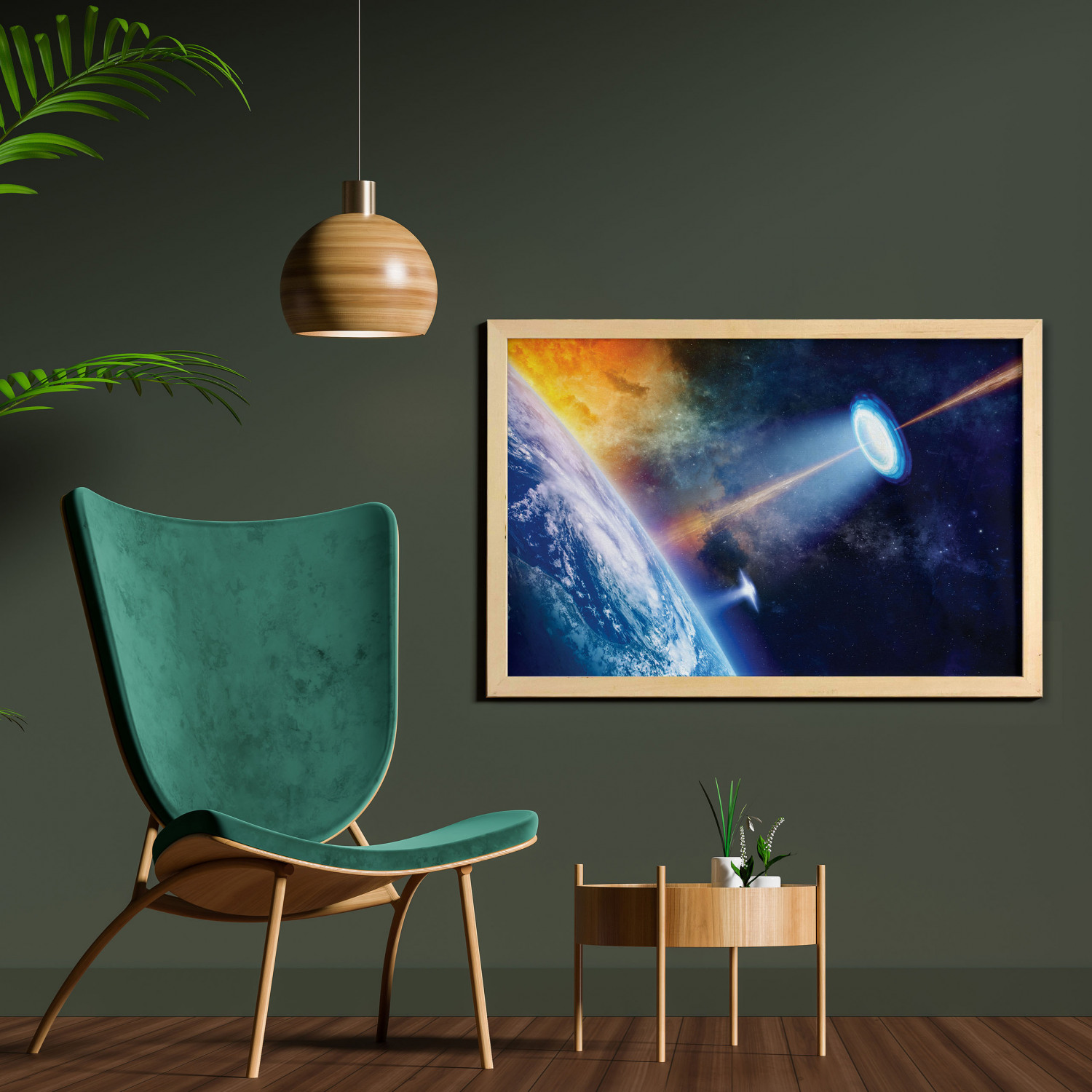 Outer Space Wall Art with Frame, Vibrant UFO on Earth Secret Experiment Climate Change Terrestrial Fiction, Printed Fabric Poster for Bathroom Living Room, 35