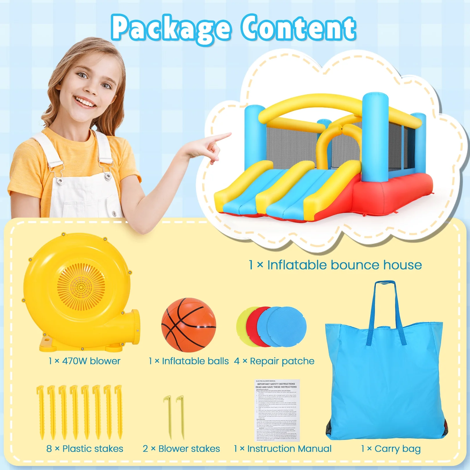 ROLEAHU Bouncy House, Inflatable Bouncy Castle with Double Slide, Semicircular Arch, Ball Hoop, Mesh Storage & Blower, Backyard Indoor/Outdoor kid's Bouncy House