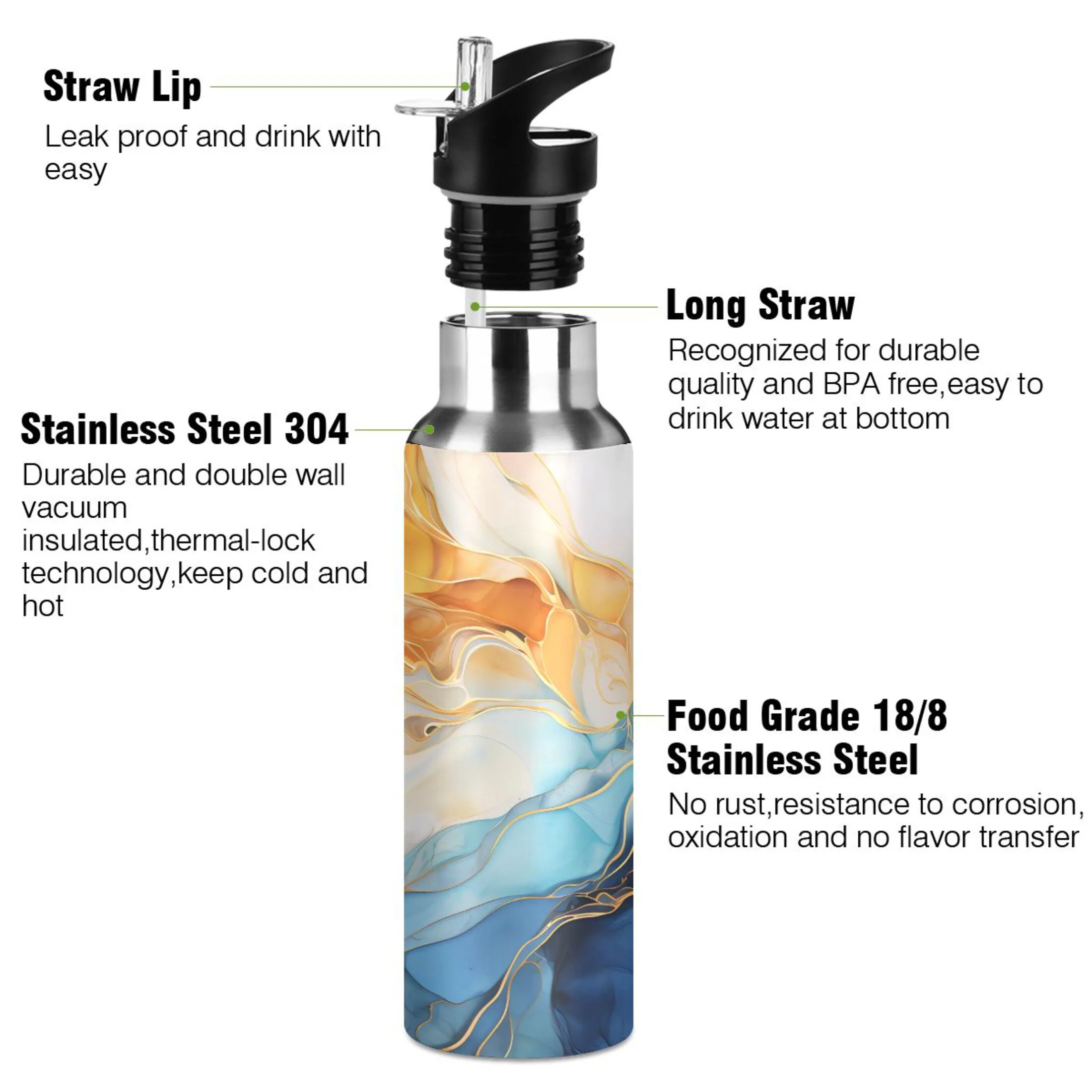 Water Bottle with Straw Lid Leak Yellow and Blue Marble Stainless Steel Insulated Thermos Vacuum Flask for Cold Hot Drinking for Sports Camping Gym Yoga