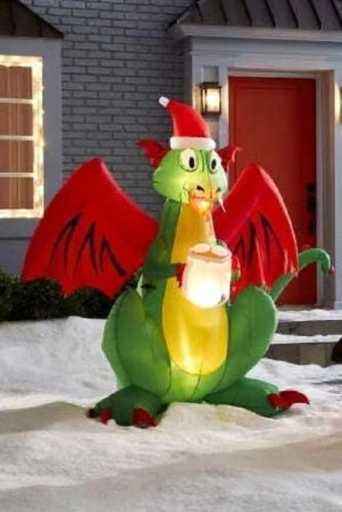 6 Ft Airblown Inflatable Fire Breathing Christmas Dragon w Santa Hat Cup Coco