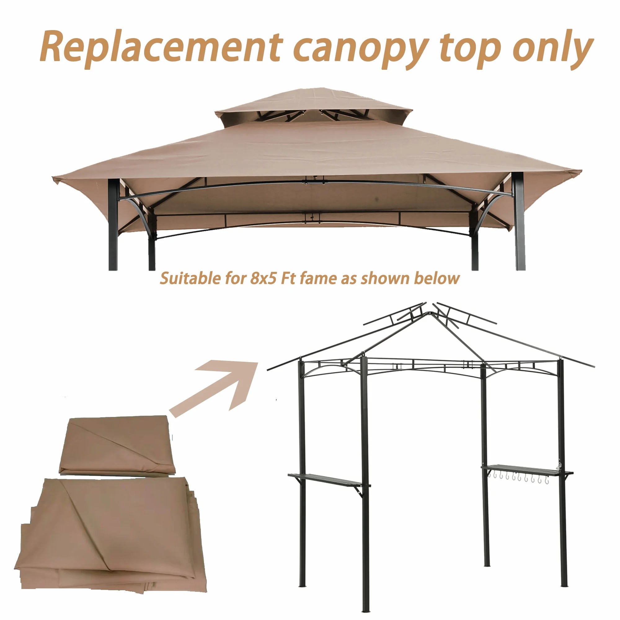 Grill Gazebo Canopy Replacement, Double Tier BBQ Tent Cover, 8x5Ft, Beige