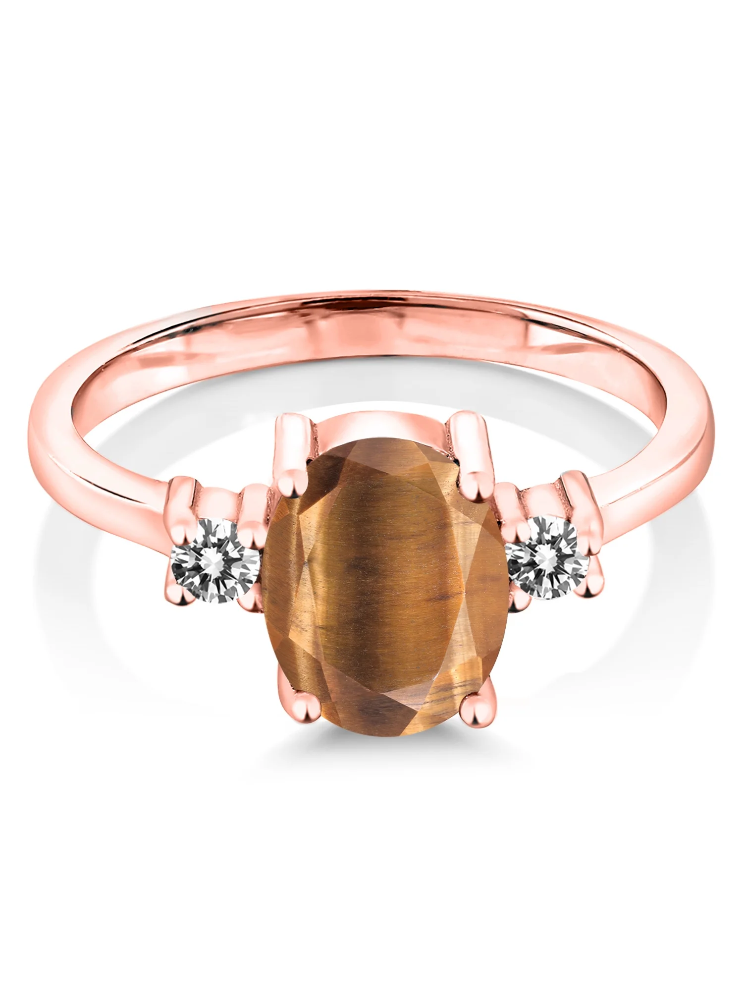 Gem Stone King 1.63 Ct Oval Brown Tiger Eye White Diamond 18K Rose Gold Plated Silver Ring