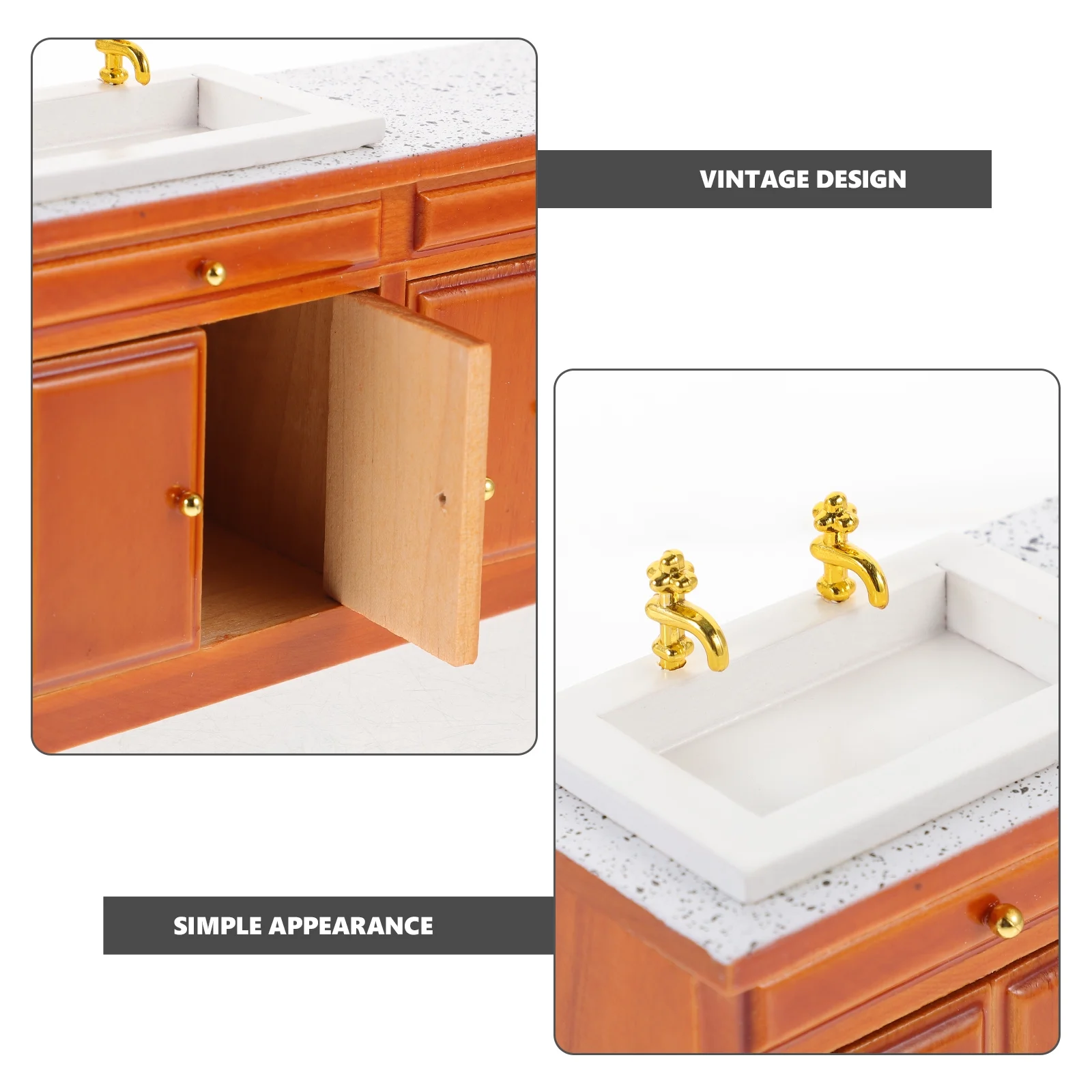 Dollhouse Sink Mini Wooden Counter Accessories Vintage Decor Models Micro Scene