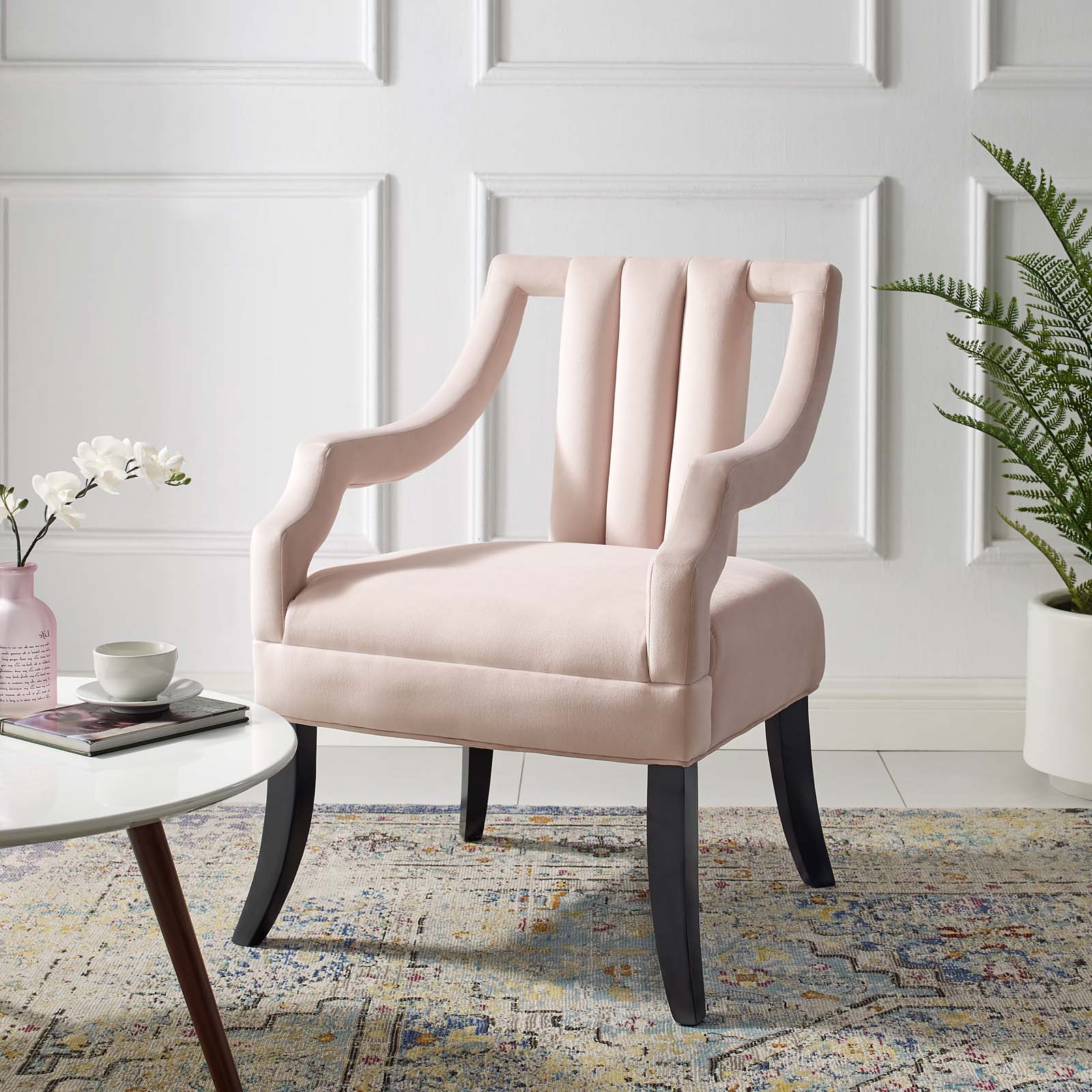 Contemporary Modern Urban Designer Living Room Lounge Club Lobby Accent Side Chair, Velvet Fabric Wood, Pink