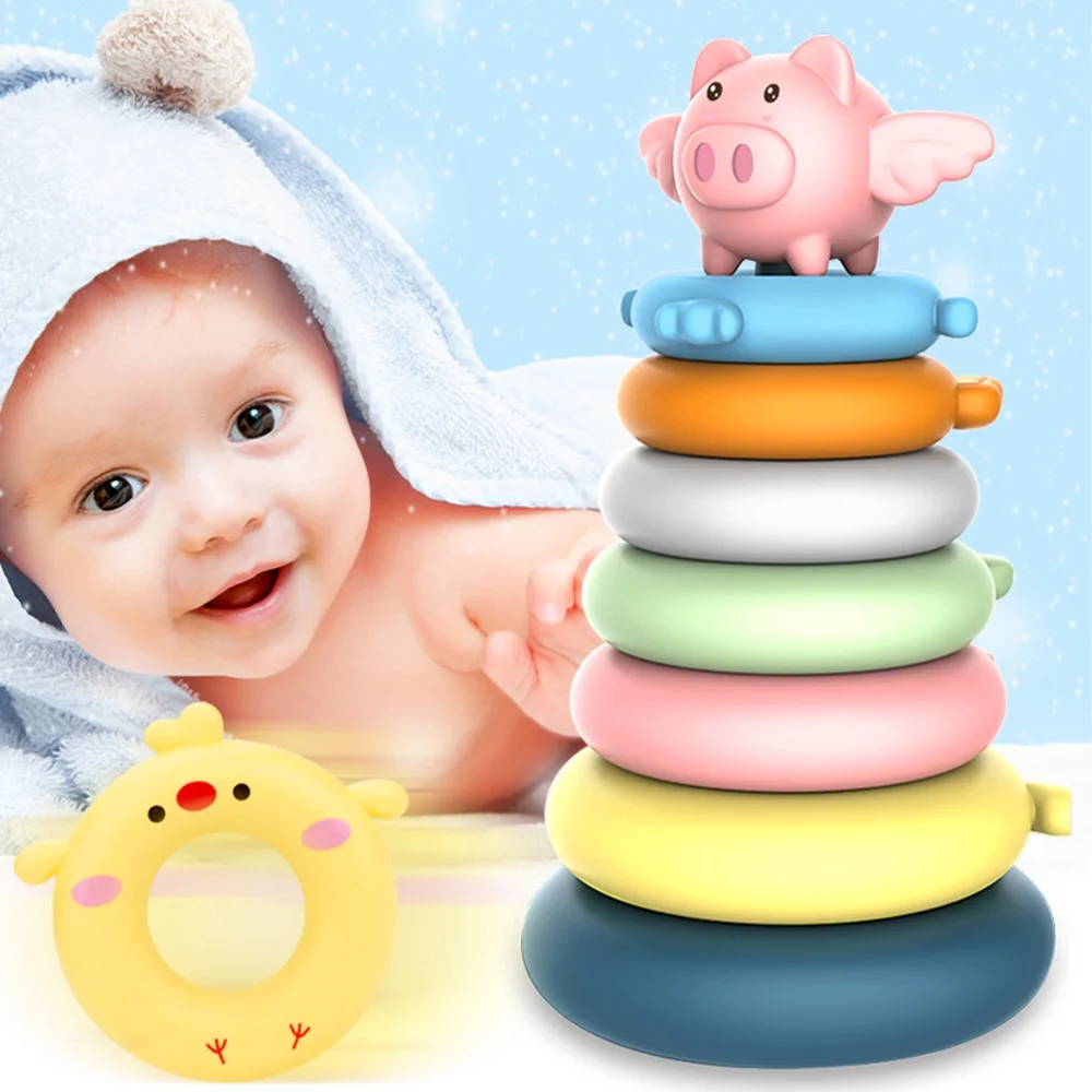 SHELLTON 7 Pcs Stacking Rings Toys, Soft Circle Stack Toys, Baby Bathing Toy & Building Toy for Early Educational Develop Best Montessori Toy Gift for 6 Month+ Boys & Girls